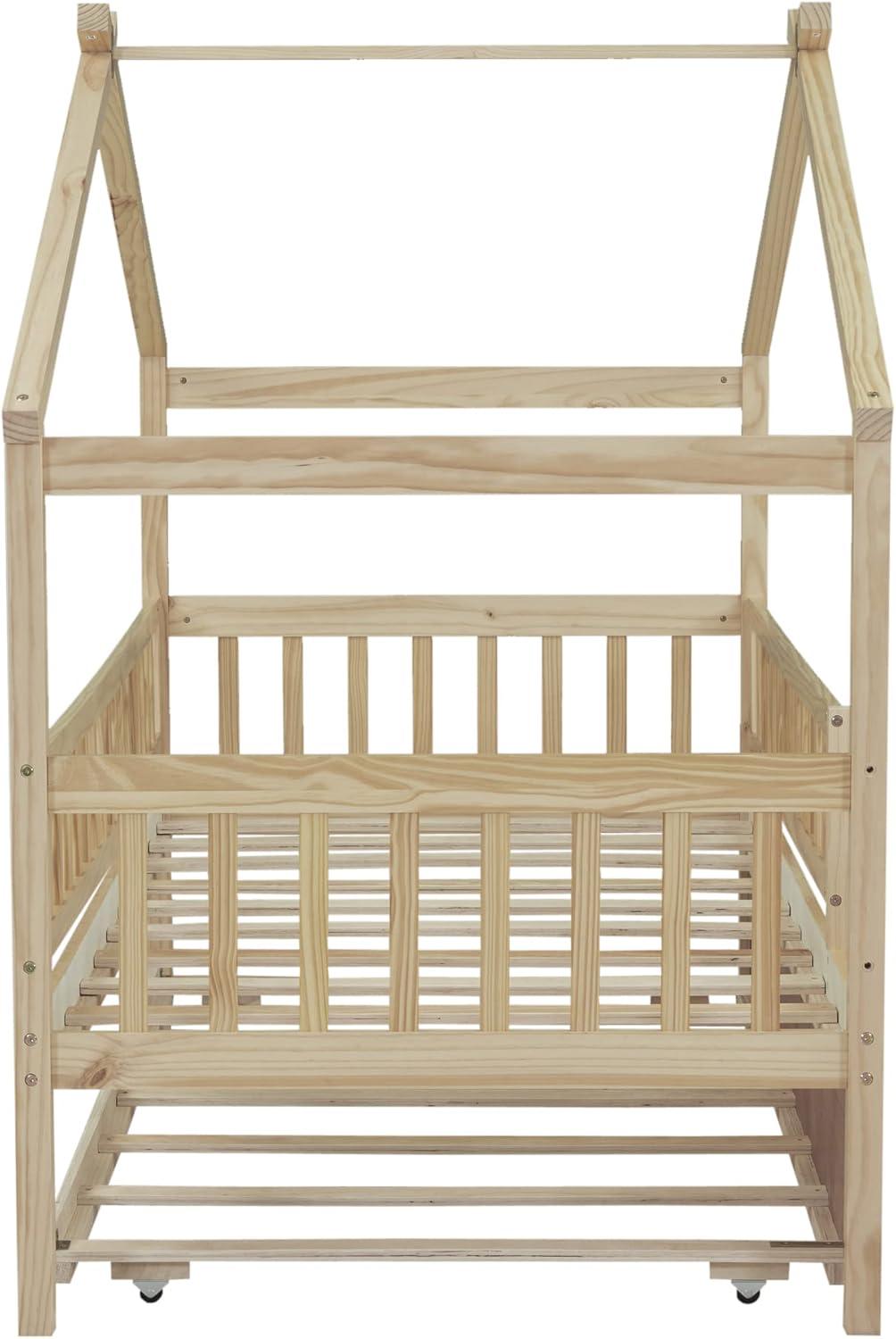 Twin House Bed with Trundle, House Bed for Kids, Wooden Daybed Twin Platform Bed Frame with Guardrails and Roof, for Girls Boys, Easy Assembly (Twin Size, Natural)
