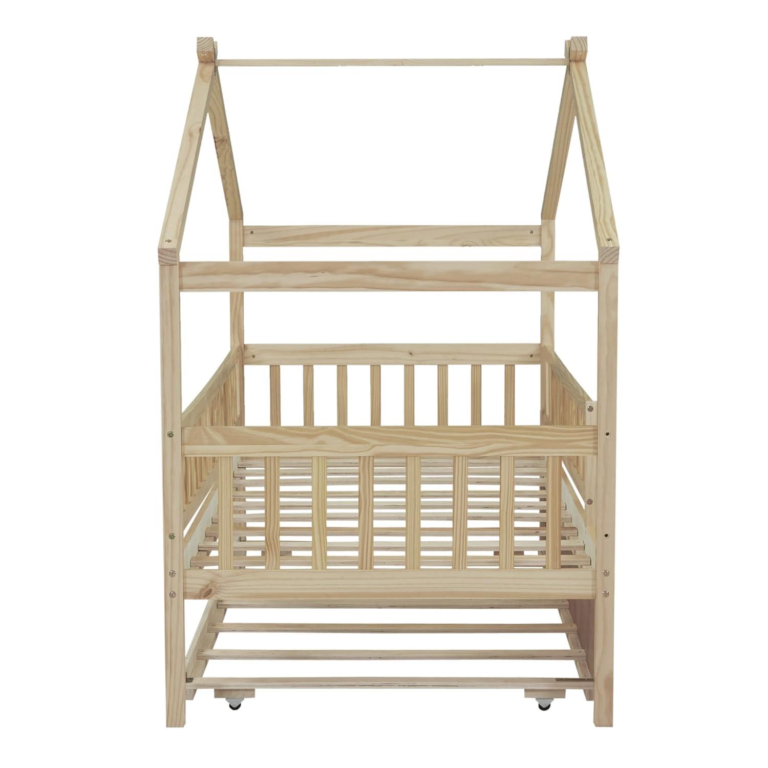 Twin House Bed with Trundle, House Bed for Kids, Wooden Daybed Twin Platform Bed Frame with Guardrails and Roof, for Girls Boys, Easy Assembly (Twin Size, Natural)