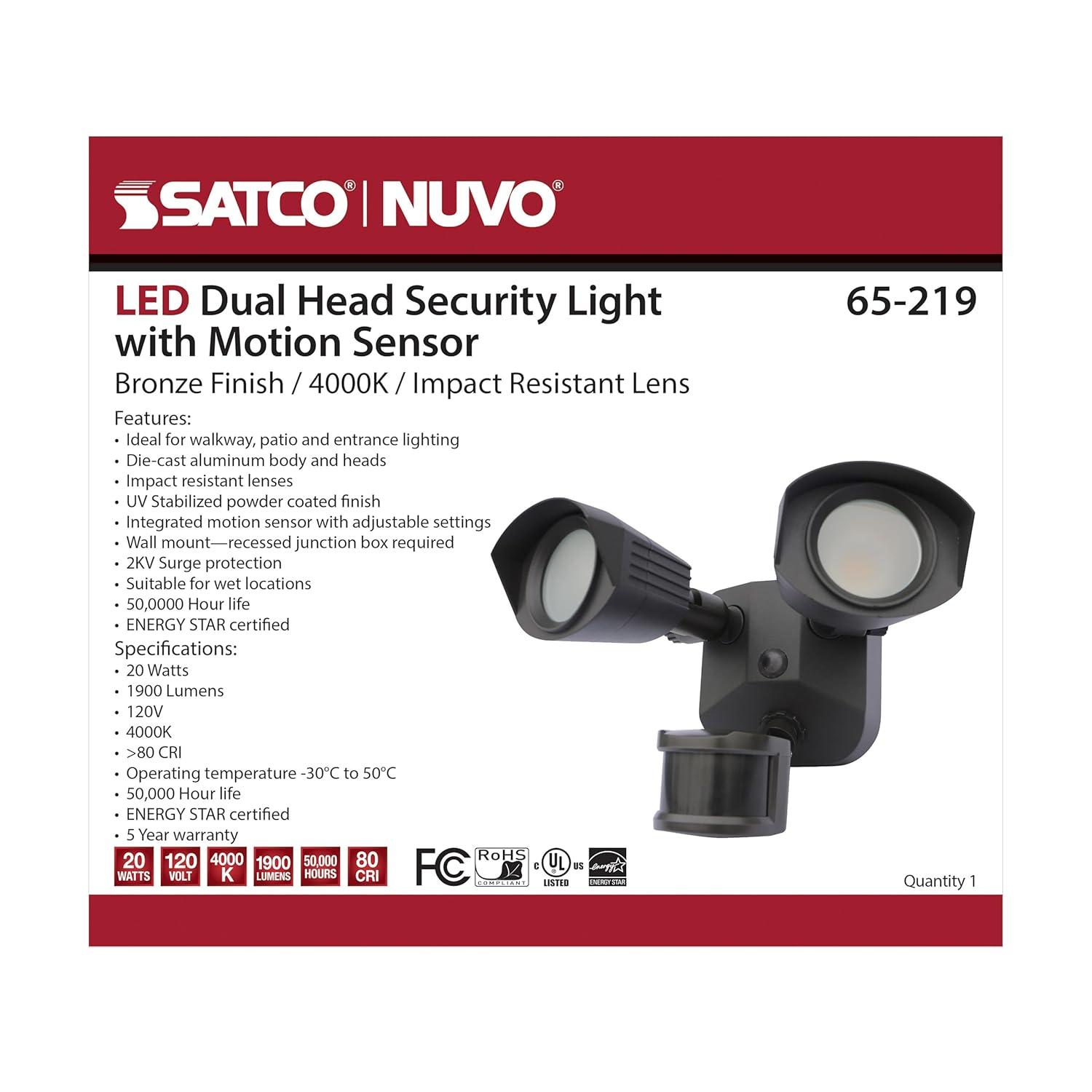 65/219-Nuvo Lighting-40W 4000K 2 LED Outdoor Dual Head Security Light with Motion Sensor in Utility Style-4.16 Inches Wide by 4.13 Inches High-Bronze