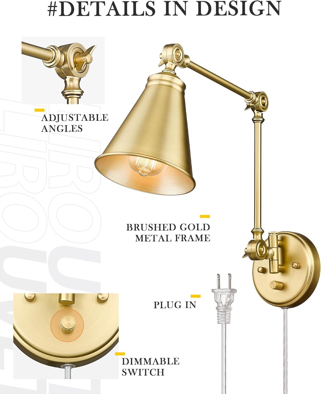 TRLIFE Wall Sconce Plug In, Dimmable Wall Sconce Brushed Brass Swing Arm Wall Lights with Plug in Cord and Dimmer On/Off Knob Switch, Wall Mounted Light for Bedside Bedroom Stairway (1 Pack, 1 Bulb)