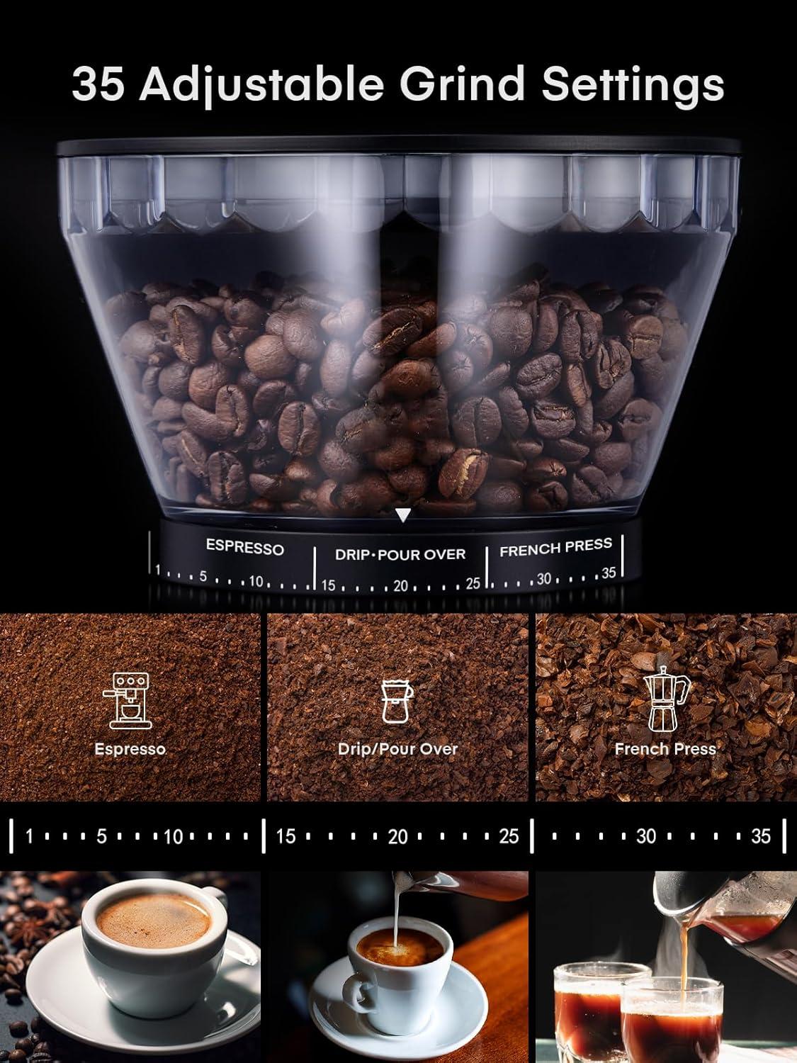 Conical Burr Coffee Grinder, 35 Precision Grinding Settings, 2-12 Cup Timer, Anti-Static for Home Use/Pour Over/French Press Coffee