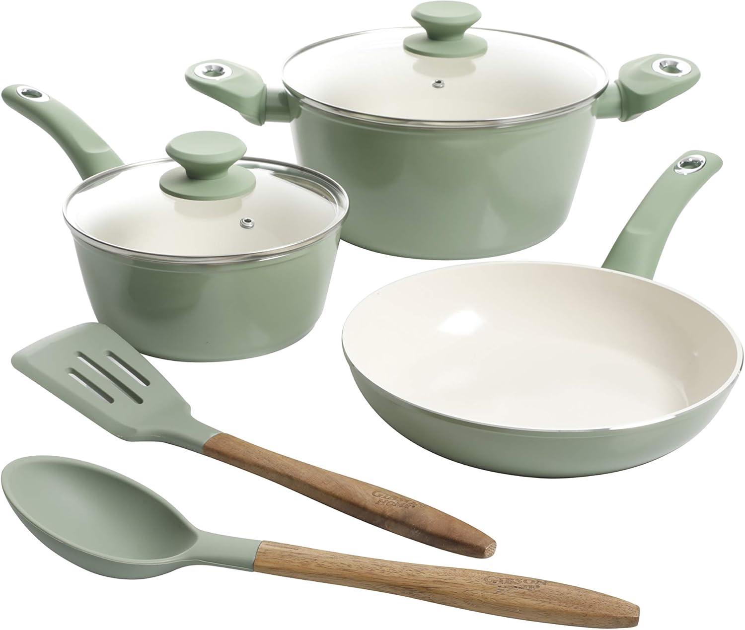 Gibson  Plaze Cafe Non-Stick Aluminium Cookware Set, Mint Green - 7 Piece