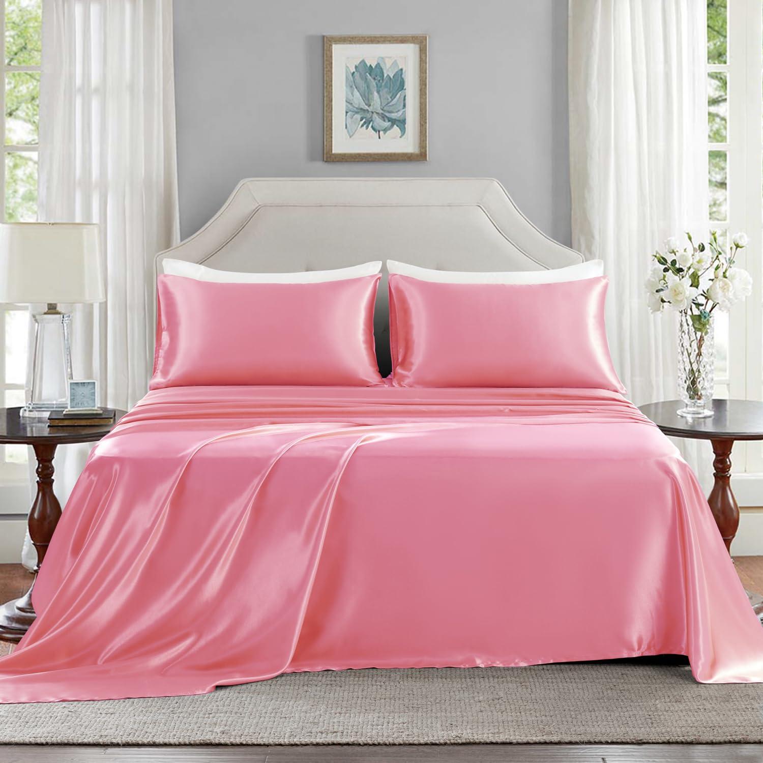 Homiest 4pcs Satin Sheets Set Luxury Silky Satin Bedding Set with Deep Pocket, 1 Fitted Sheet + 1 Flat Sheet + 2 Pillowcases (Queen Size, Blush Pink)