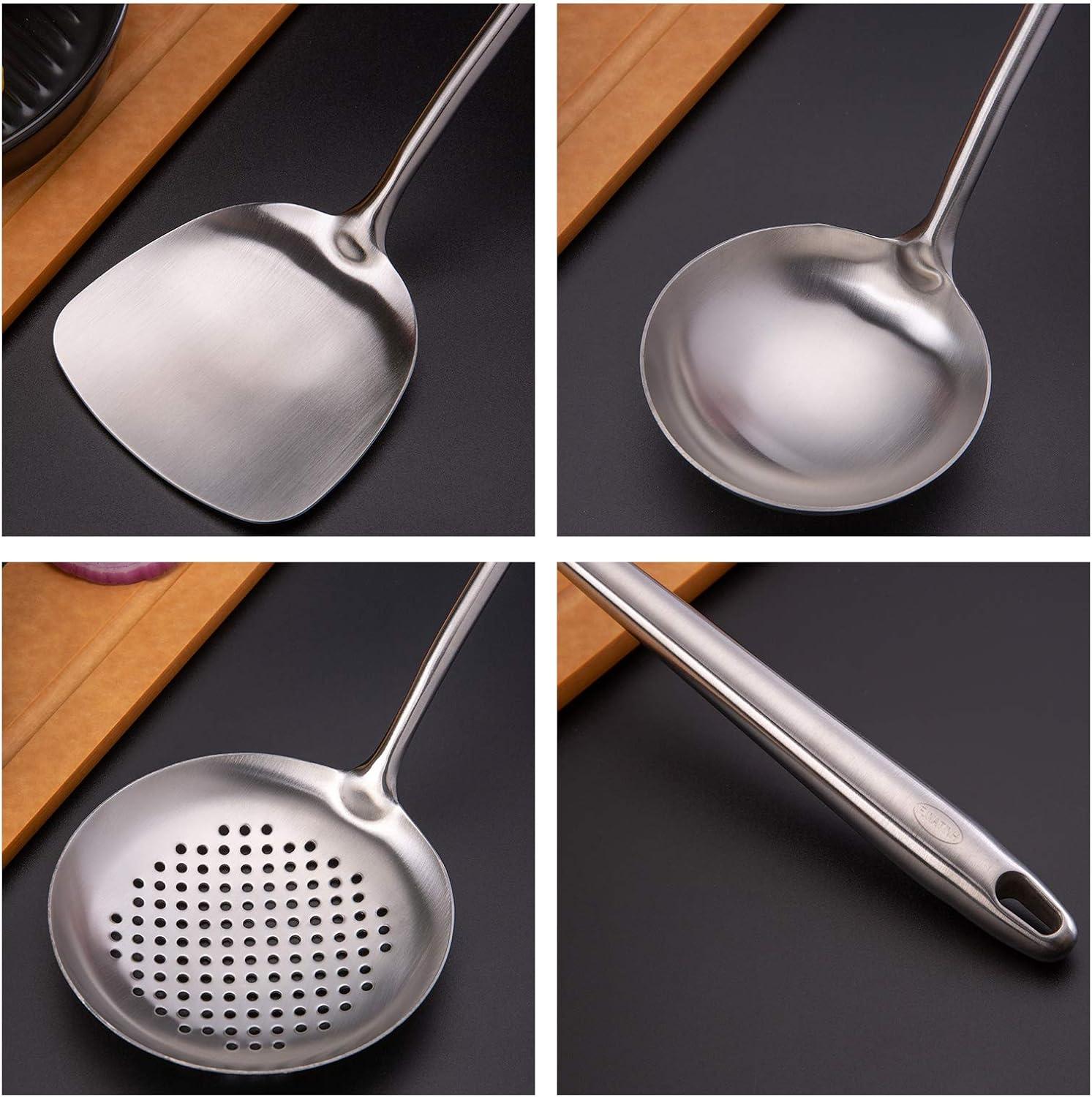 Stainless Steel Wok Spatula, Ladle, and Skimmer Set