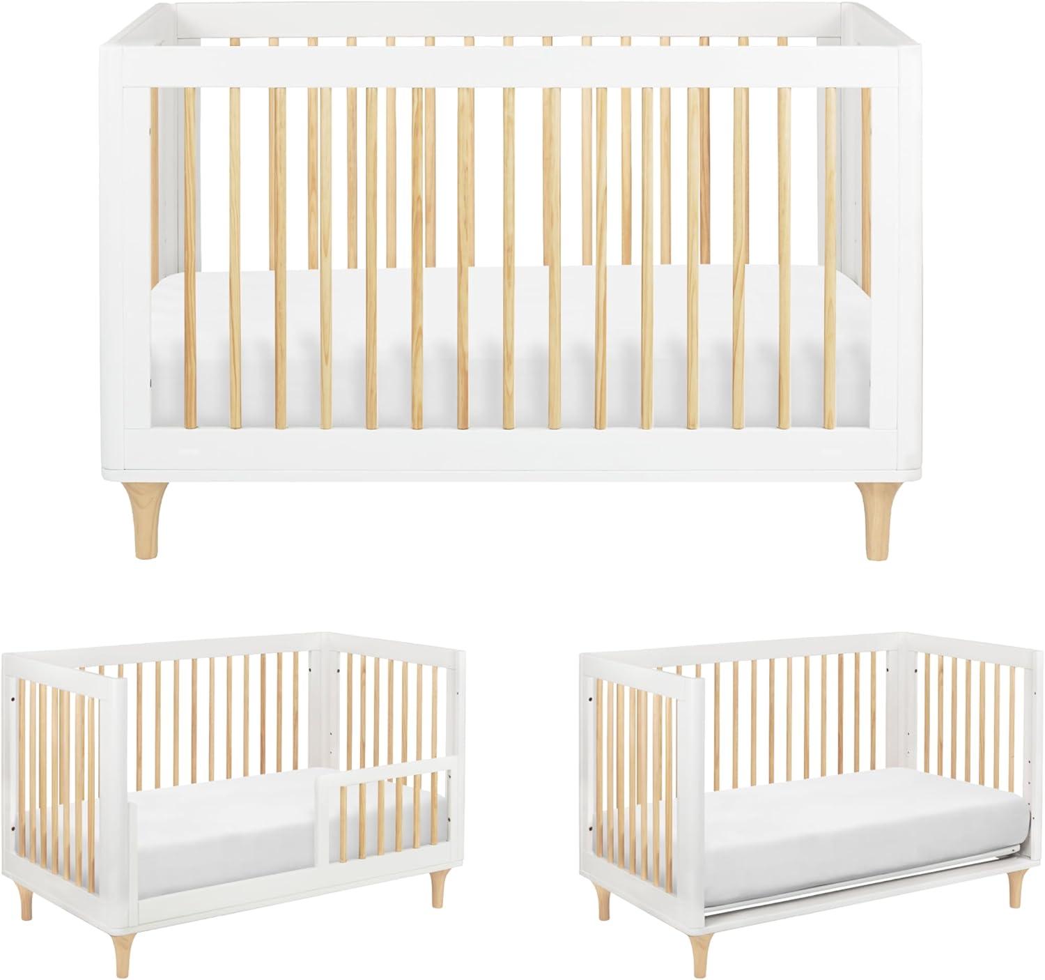 Babyletto Lolly White & Natural Wood 3-in-1 Convertible Baby Crib with Toddler Bed Conversion Kit