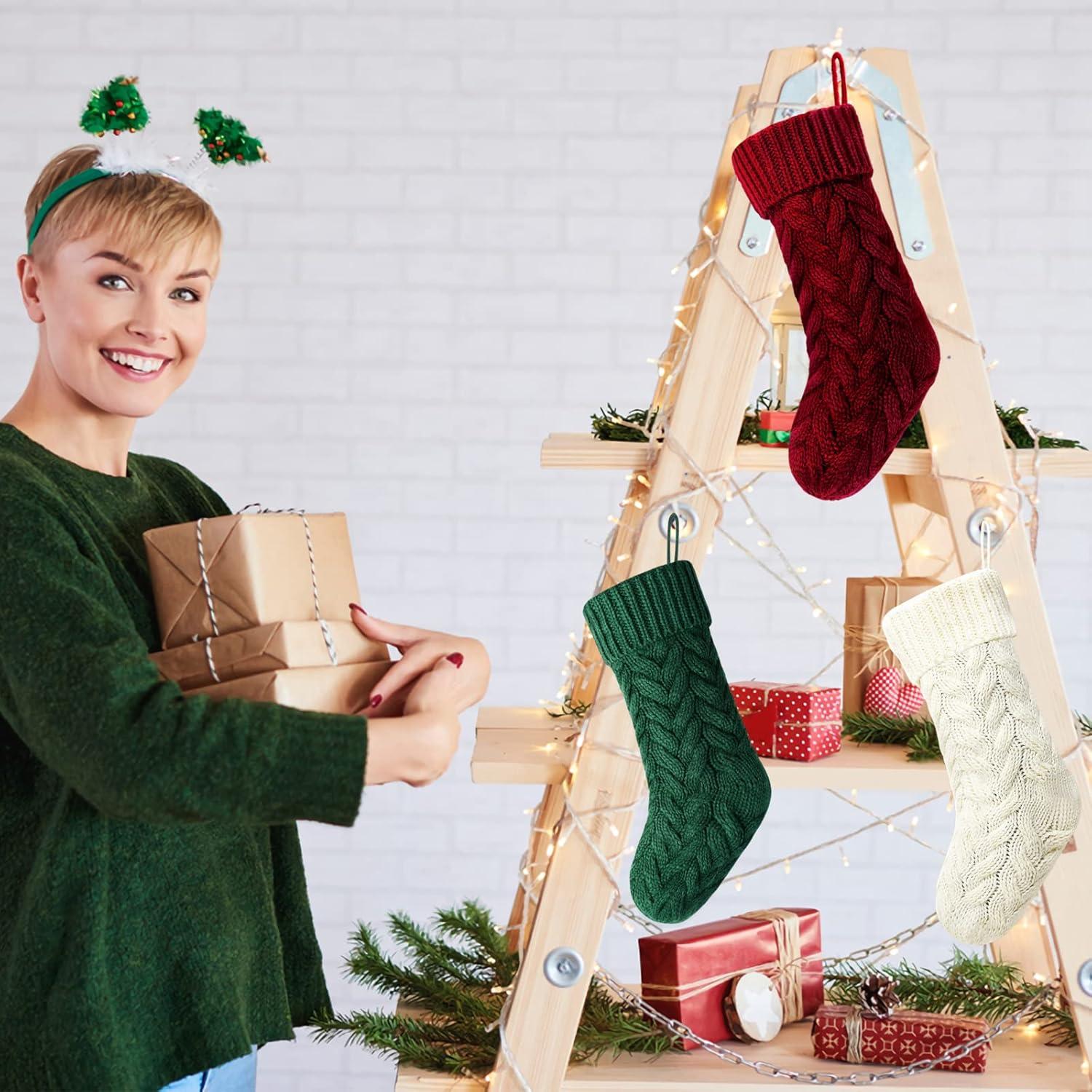 18-Inch Burgundy, Green, Ivory Knitted Christmas Stockings, 6-Pack