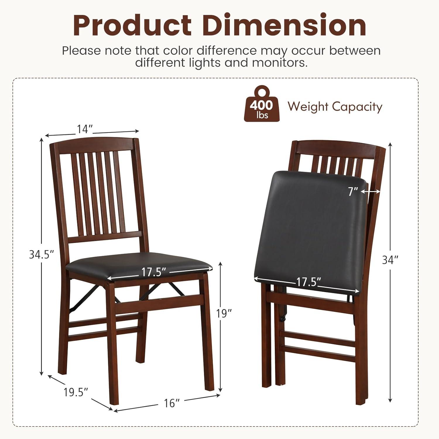 GVN Set of 2 Folding Chairs with Padded Seat and Rubber Wood Frame-Brown, Dining Room Chairs, Lounge Chair for Kitchen, Dining, Bedroom, Living