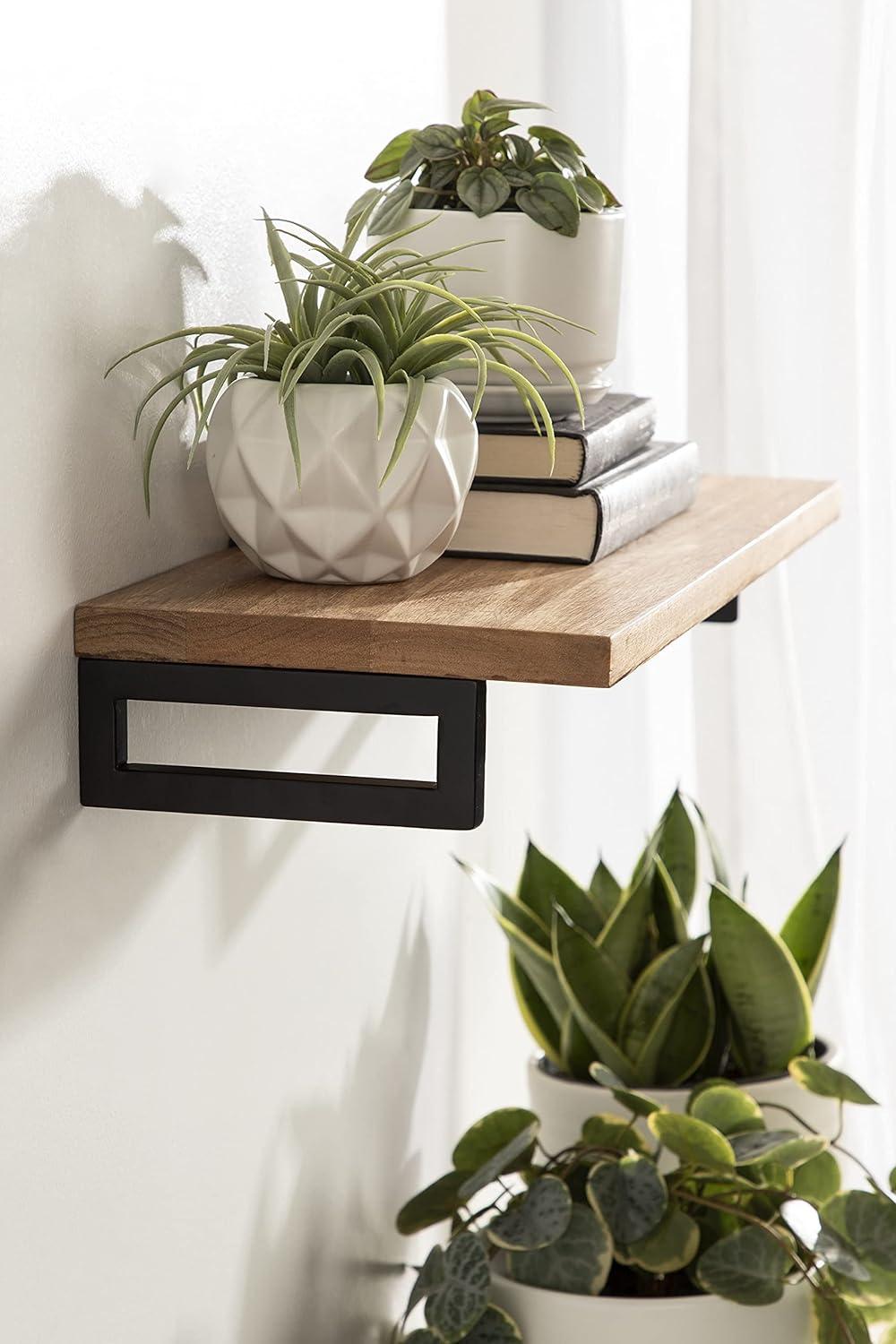Lankford 24" Natural Wood and Black Modern Floating Wall Shelf