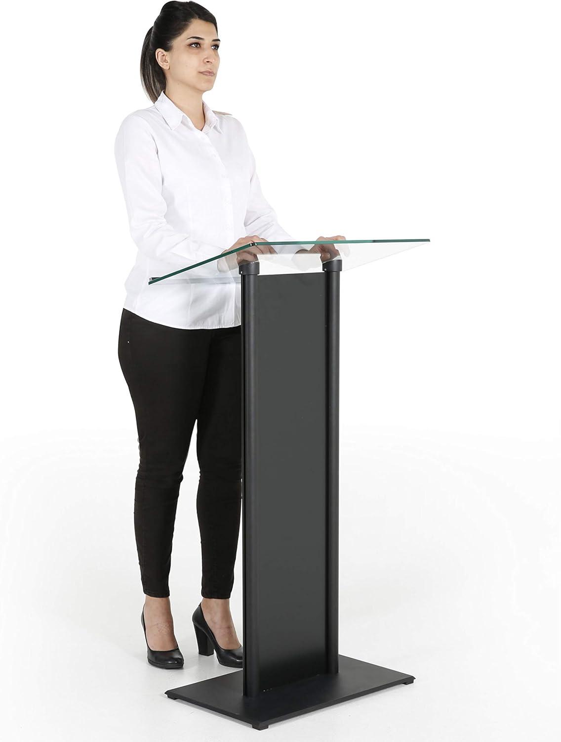 M&T Displays Tempered Clear Glass Podium with Aluminum Front Panel Black Aluminum Body and Base 43.9 Inch Height Floor Standing Lectern Pulpit Desk