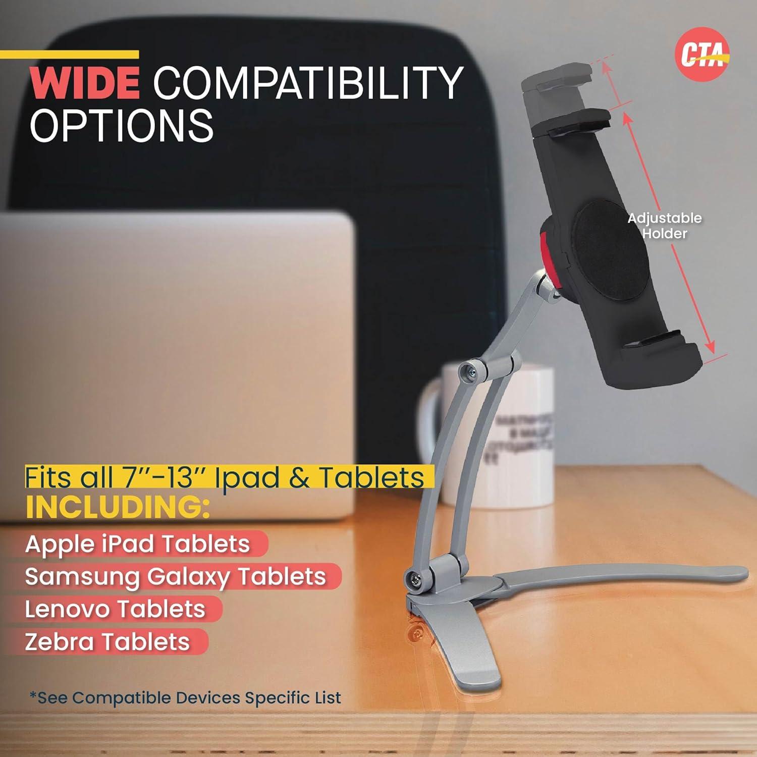 3-in-1 Mount Stand – CTA Multi-Flex Tablet Base and Support Installs on Walls or Folds for iPad 10th Gen 10.9" - 7/8/9 Gen 10.2” - Air 4 - Pro 11” - Galaxy Tab S3 - Silver (PAD-KMSB)
