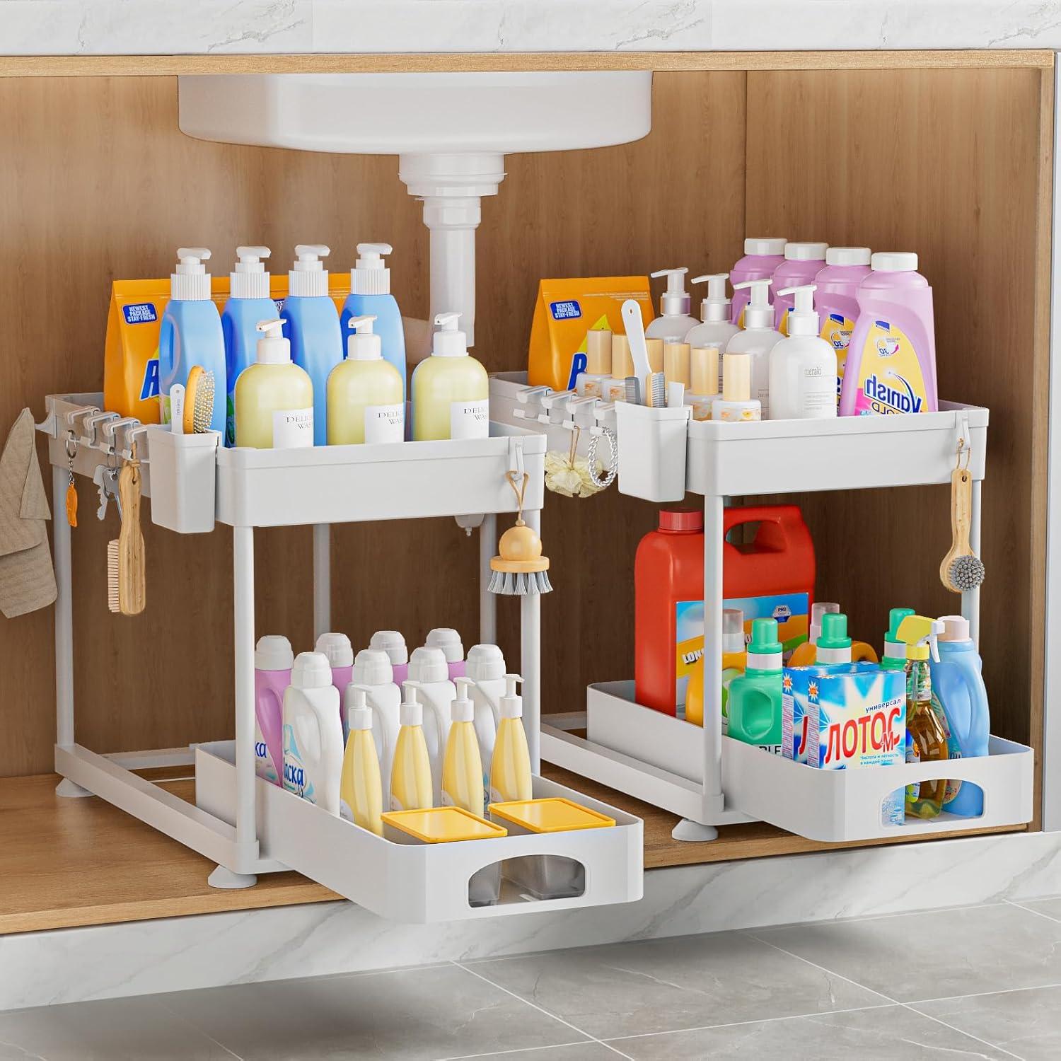 Delamu 2 Pack Under Sink Organizer and Storage, 2 Tier Pull Out Cabinet Organizer, Slide Out Under Sink Storage Shelf for Kitchen Bathroom, White