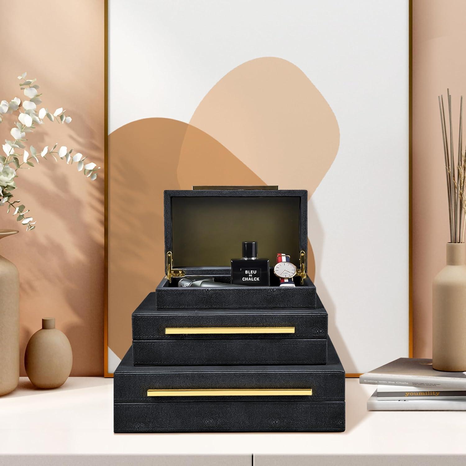 Faux  Leather Decorative Jewelry Storage Nesting Organizer Boxes with Lids Gold Handle Set of 3, Black