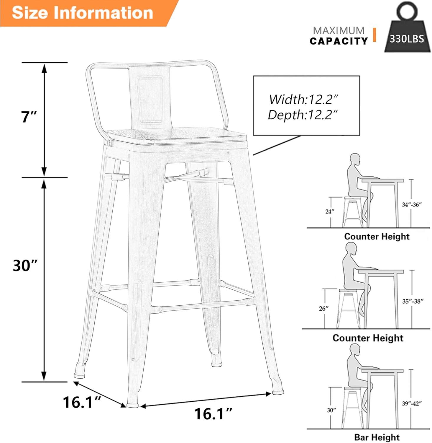 Andeworld 30" Metal Barstools Set of 4 Counter Height Bar Stools with Back (30" Seat Height, Wooden Top Low Back Matte Black)