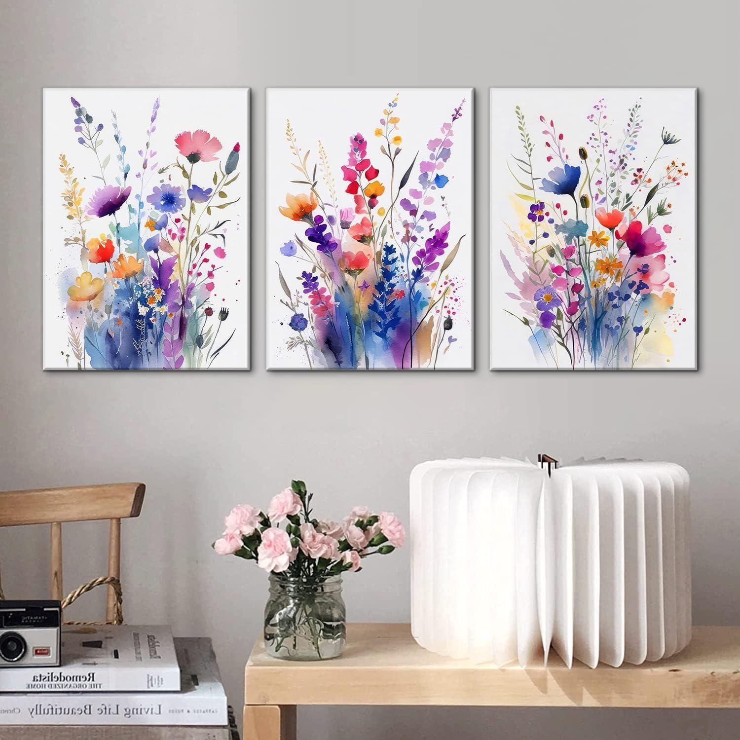 JRXY 3 Pcs Framed Watercolor Floral Botanical Canvas Wall Art Colorful Wildflower Plant Paintings Prints Posters 12x16 in