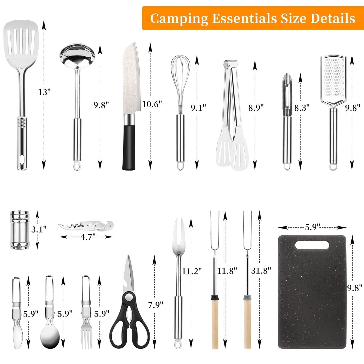 Camping Cooking Utensils Set, Stainless Steel Grill Tools, Camping BBQ Cookware Gear and Equipment for Travel Tenting RV Van Picnic Portable Kitchen Essentials Accessories