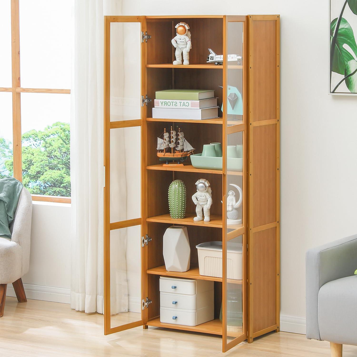 Bamboo 6-Shelf Brown Bookcase with Acrylic Doors