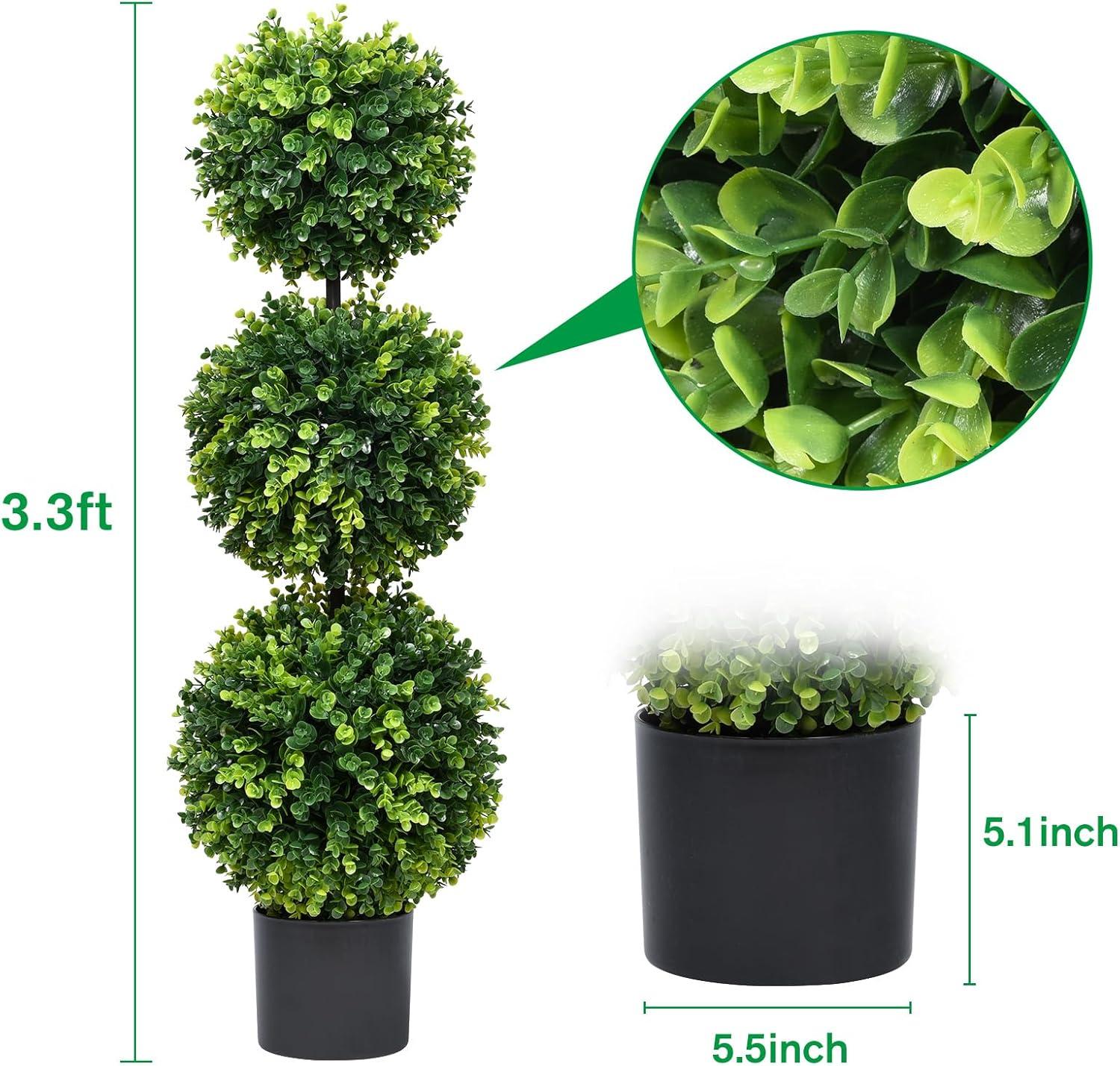 HOMCOM 2 Pack 23.5" Artificial Boxwood Topiary Ball Trees Set of 2, Double Ball-Shaped Boxwood Artificial Topiary Plants for Indoor Outdoor, Green