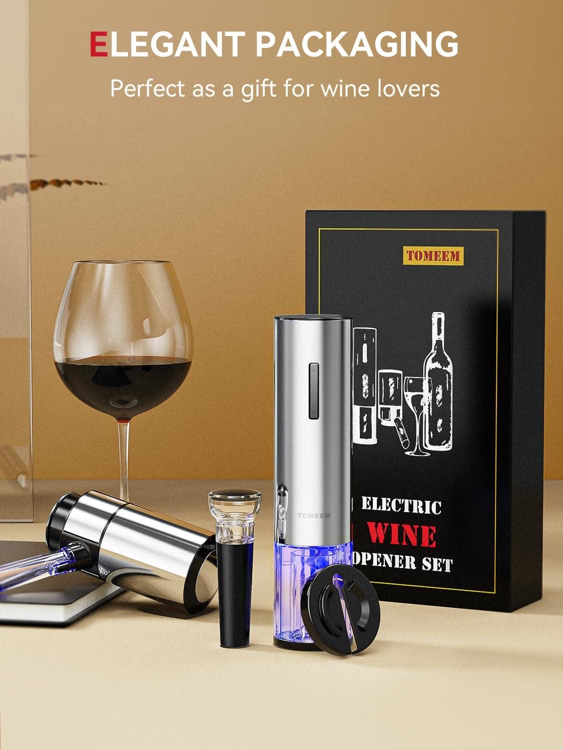 Tomeem Electric Wine Opener Set with Rechargeable Wine Opener, Foil Cutter , Automatic Wine Pourer and Aerator Vacuum Stoppers 4-in-1 Gift Set