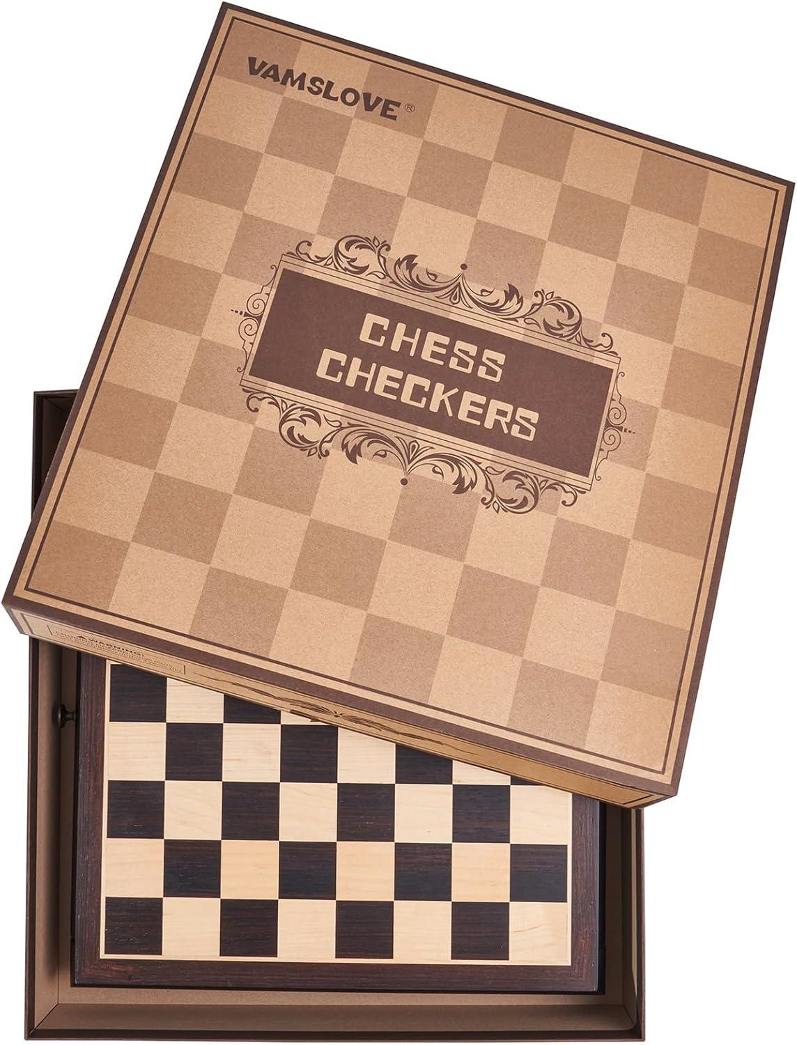 Wooden Chess Checkers Game Set 15.5" Large Size Board w/Storage Drawers, Weighted Chess Pieces - 2 Extra Queens 3" King, Gift for Birthday Housewarming Retirement - Black