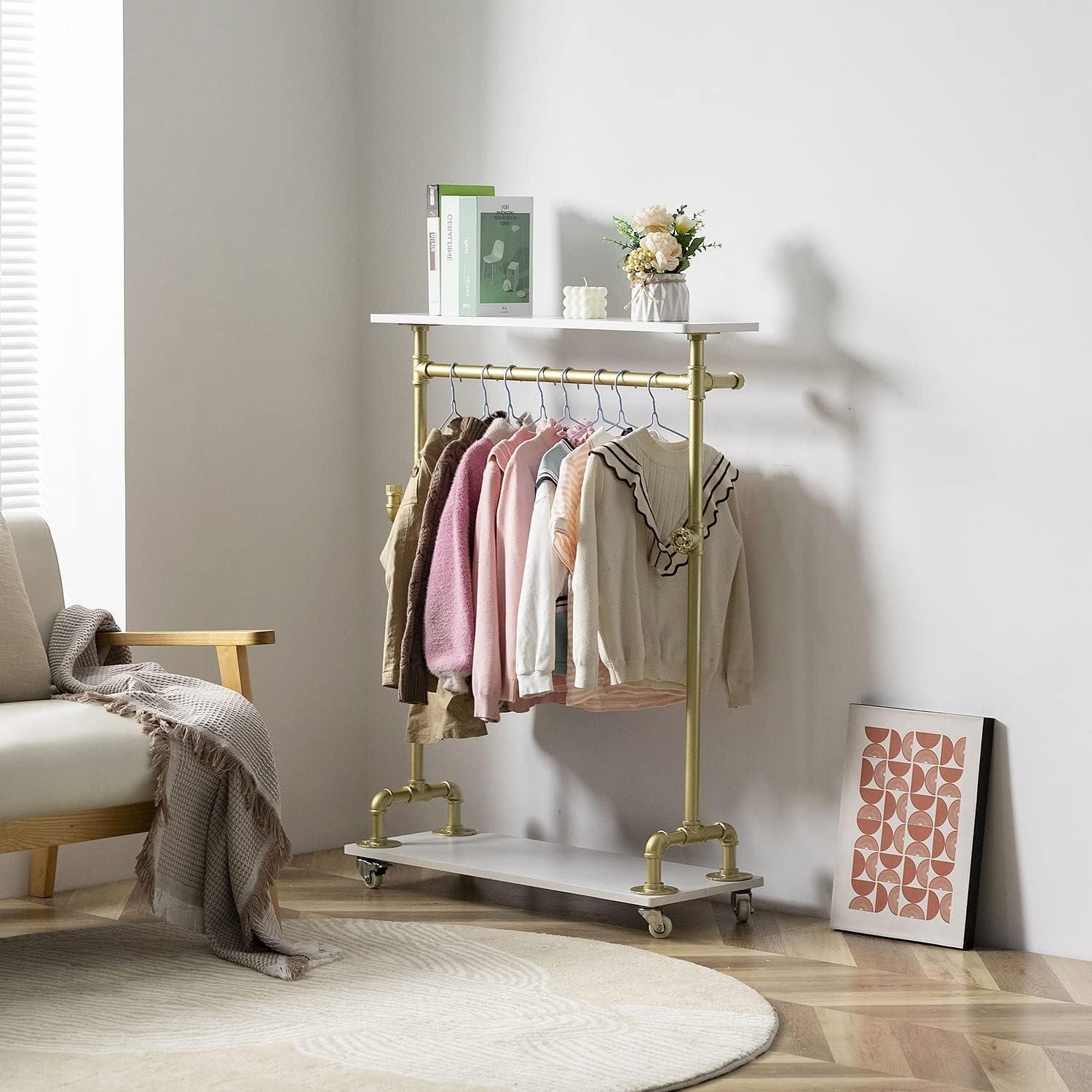 Gold and White Kids Garment Rack with Wood Shelf