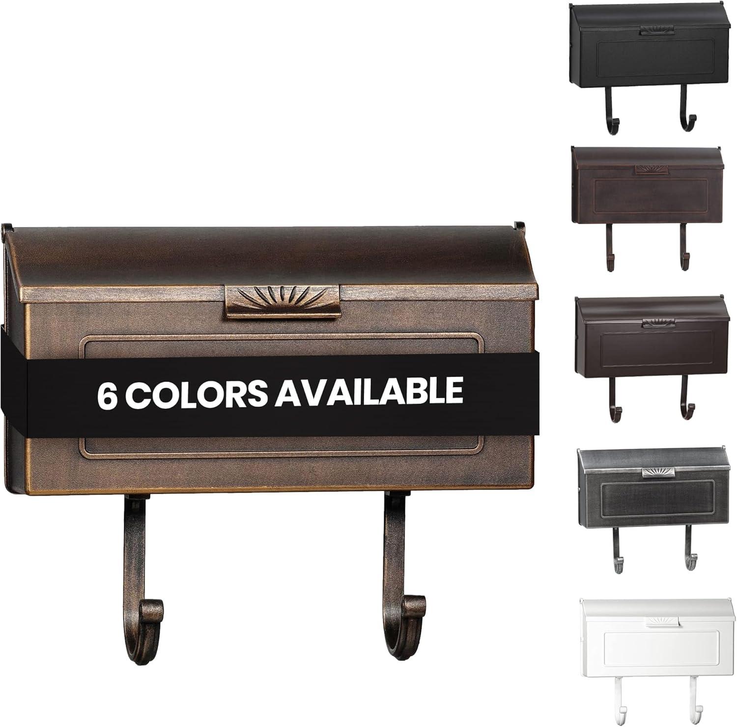 Cast Aluminum Metal Mailbox with Newspaper Hooks, Easy to Install Wall Mount, Heavy Duty, Rustproof Powder Coated Paint, Horizontal Mail Box for Outside House Porch - 16” x 4.25” x 8.25” (Black)
