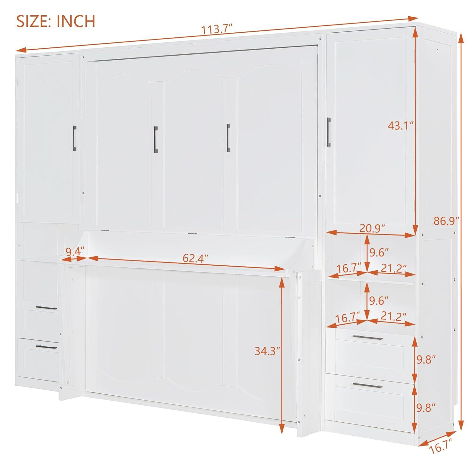 Harper & Bright Designs Queen Size Murphy Bed, Wooden Queen Wall Bed with Closet, Drawers and Shelves, White