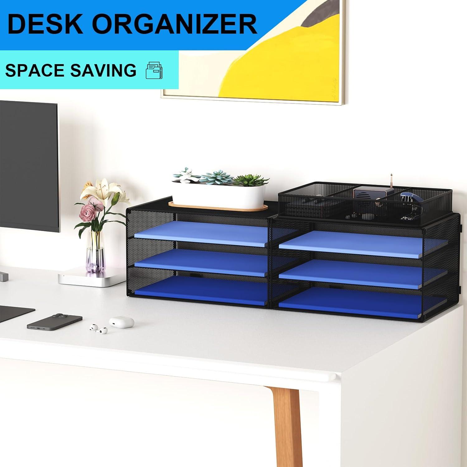 Paper Letter Tray Organizer, 3 Tier Mesh File Tray Desktop Paper Sorter with Drawer, Black