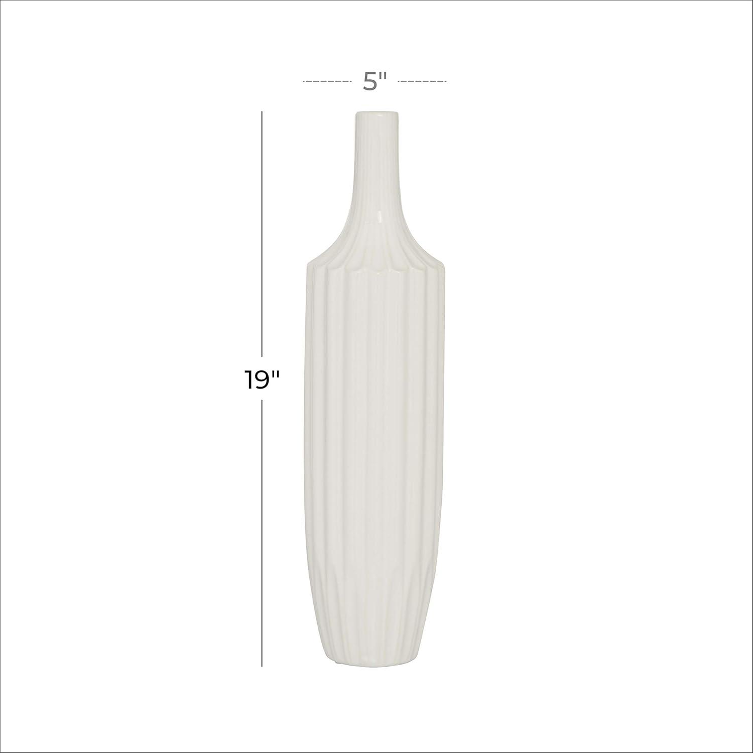 DecMode Modern Ceramic Tall White Decorative Vase with Vertical Groove Pattern 5"W x 19"H