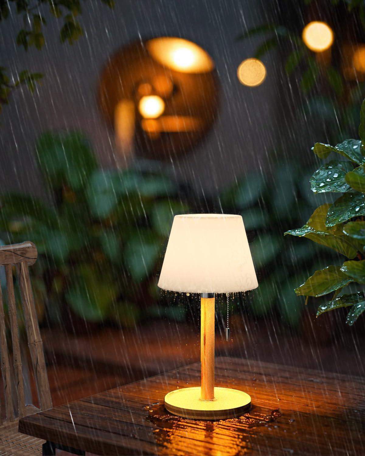 Outdoor Waterproof Table Lamp for Patio, Small Cordless Battery-Operated Lamp, Rechargeable Shower Light, 3 Lighting Modes Desk Light with Pull Chain Garden Outside Camping Restaurant, Wood Grain