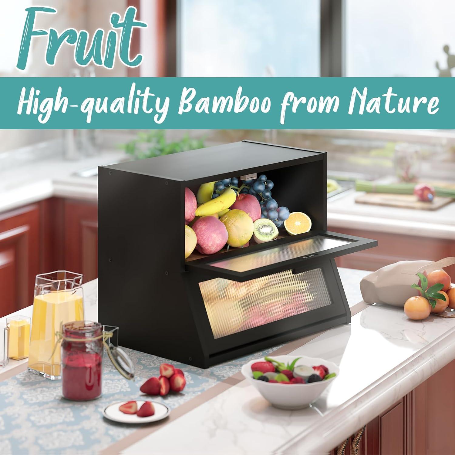 Black Large Bread Box for Kitchen Counter, Bamboo Wooden Double Layer Large Capacity Bread Storage Bin with Acrylic Wavy Door Panel (Black)