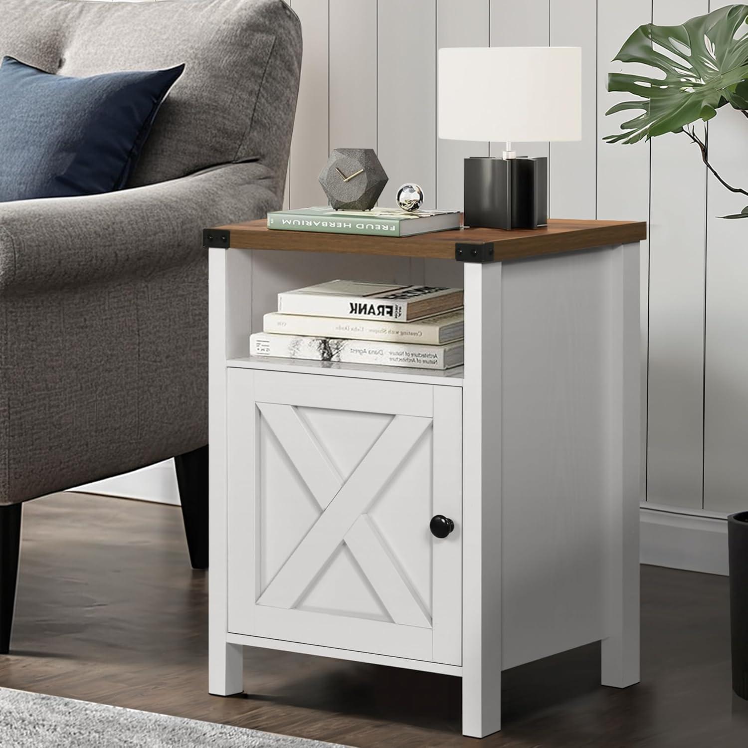 Wood Nightstands with Charging Station End Table Bedside Tables with Barn Door