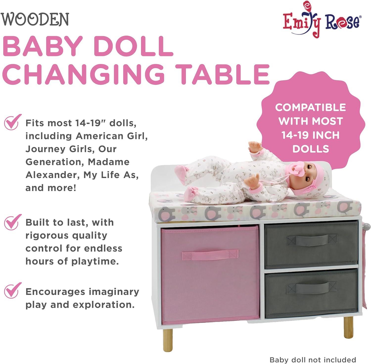 Emily Rose - Toy Baby Doll Crib Set for Little Girls, Changing Table Furniture with Clothes and Accessories Storage and Pockets, for 3+ Year Old Girls, Baby Doll Set and Accessories - White/Pink/Gray
