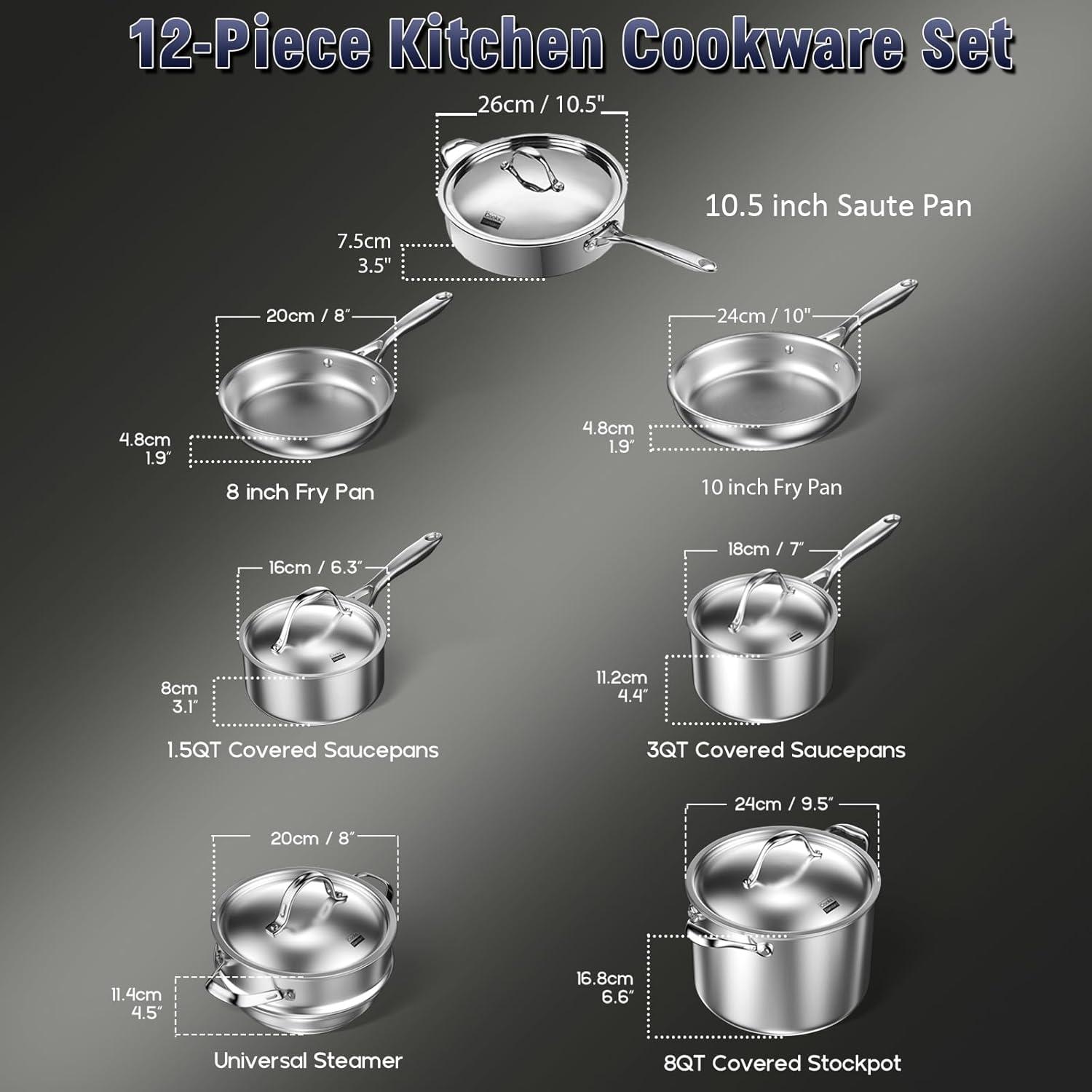 12-Piece Stainless Steel Tri-Ply Cookware Set with Glass Lids