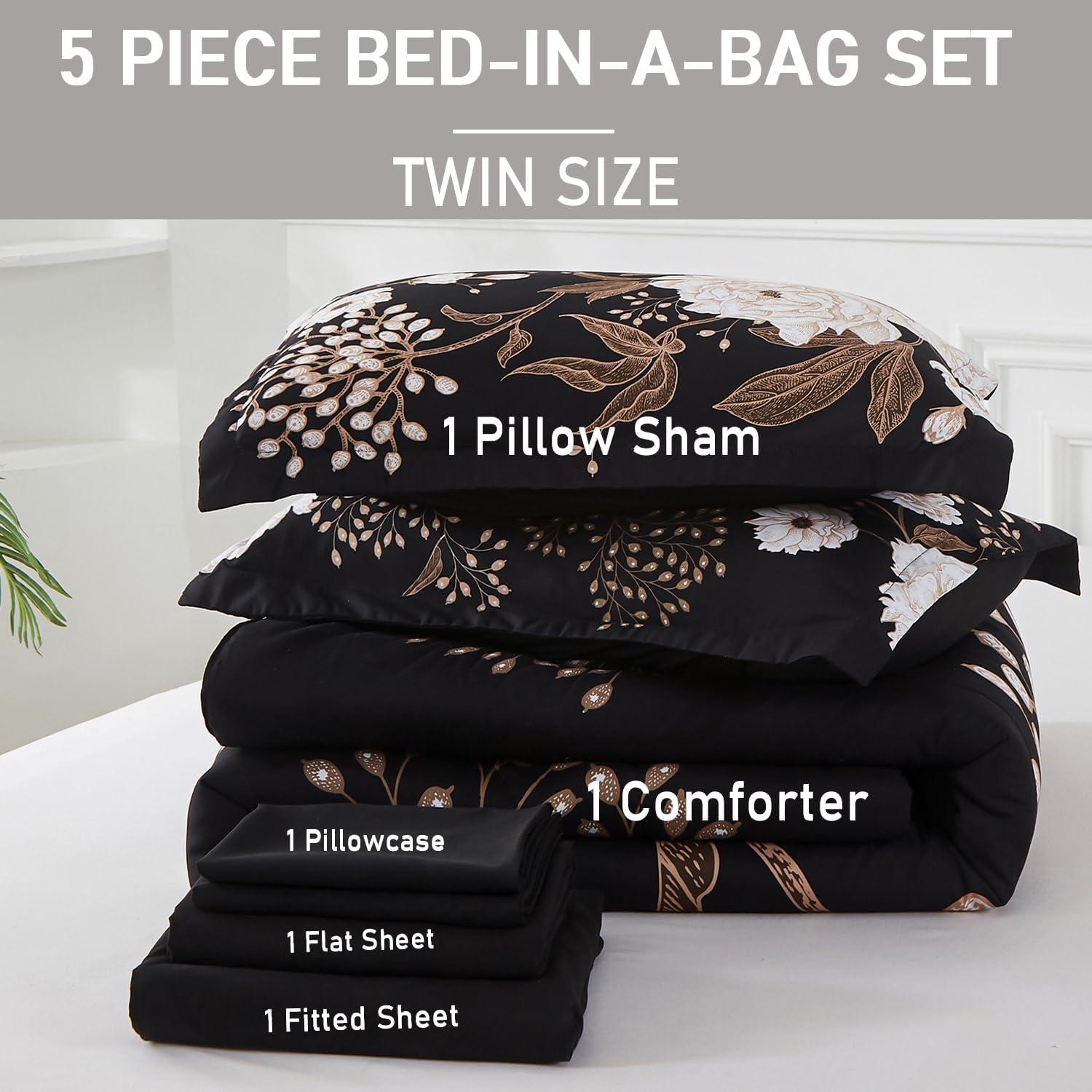 DANTUL 7 Piece Bed In A Bag Queen Comforter Set Botanical Floral Bedding Set,White Flowers Leaves Printed On Black Reversible Design,Soft Microfiber Comforter With Sheet Set,All Season