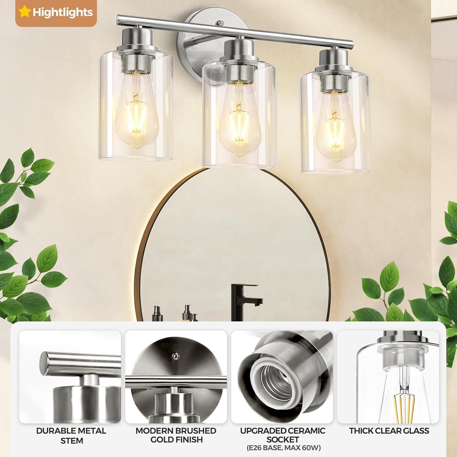 3-Light Bathroom Light Fixtures, Brushed Nickel Vanity Light, Farmhouse Wall Lights with Clear Glass Shade, Bathroom Wall Lamp for Mirror Kitchen Bedroom Hallway Living Room Hallway Cabinet