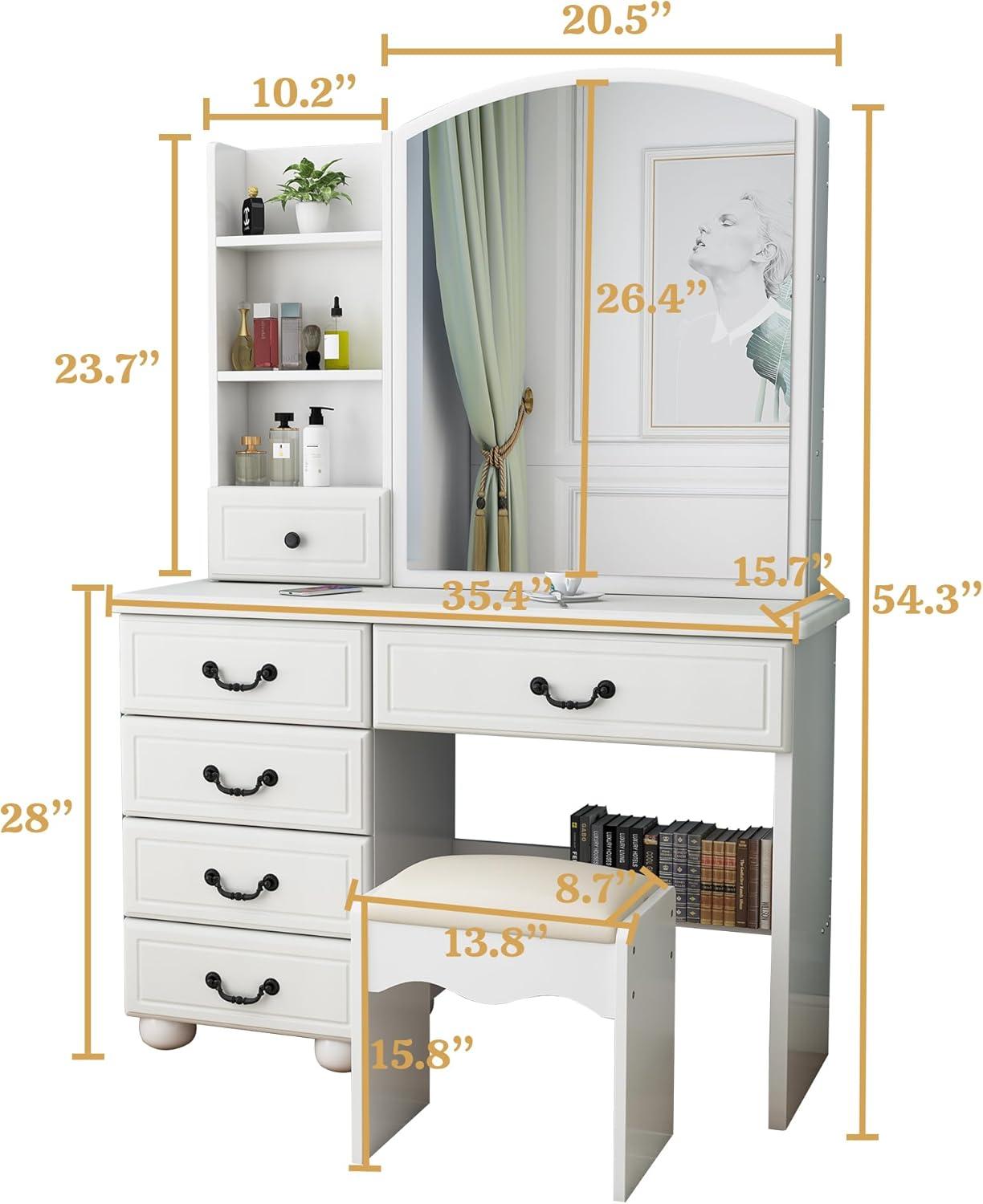 MONTARY Makeup Vanity Desk with Mirror and Lights, Dressing Table , White Vanity Table Set with 6 Drawers & Shelves & 4 Cabinets, 3 LED Lighting Modes Brightness Adjustable