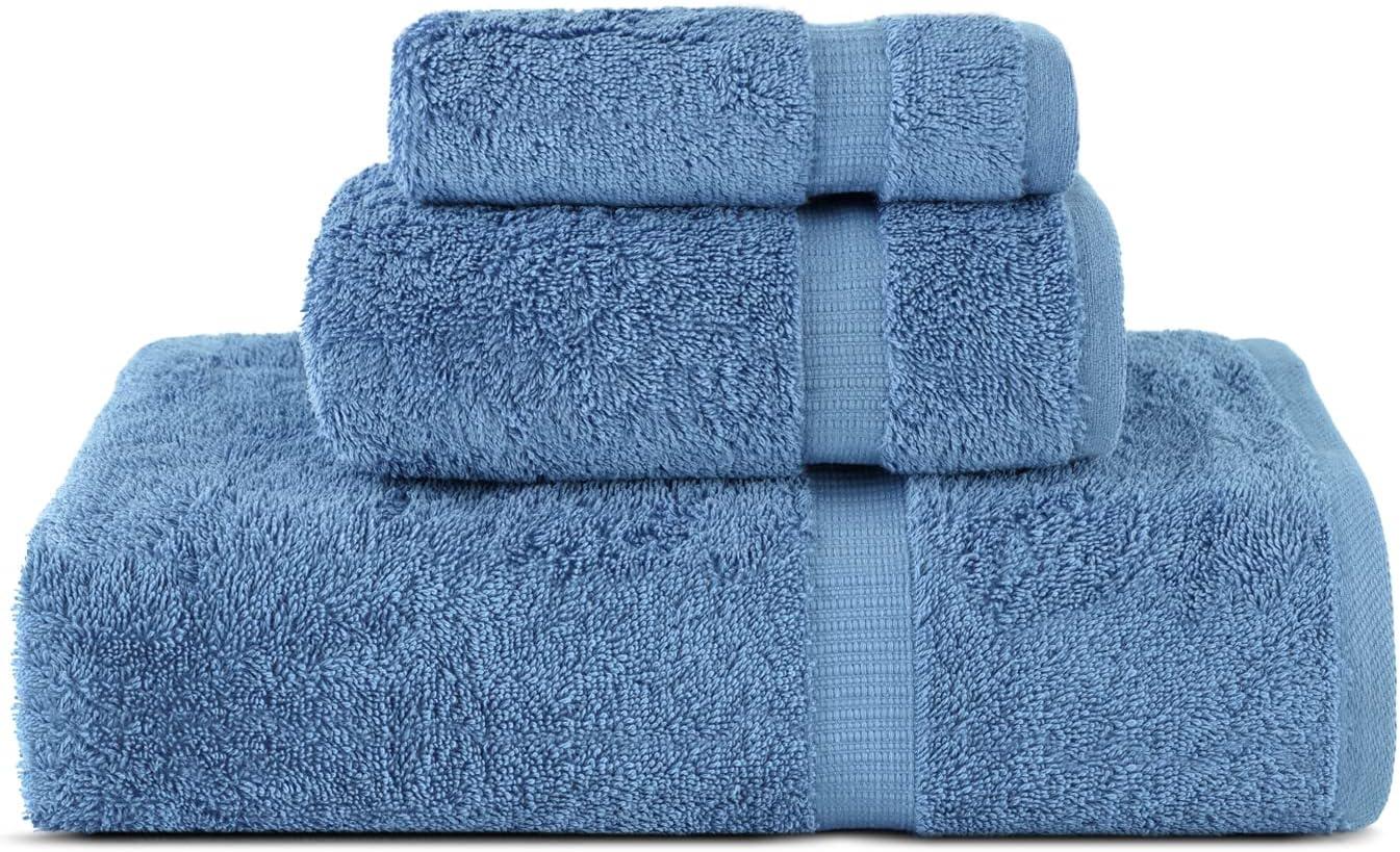 BC BARE COTTON Luxury Hotel & Spa Towel Turkish Cotton Washcloths - Dobby Border (13x13 Inches) - Set of 12 - Wedgewood