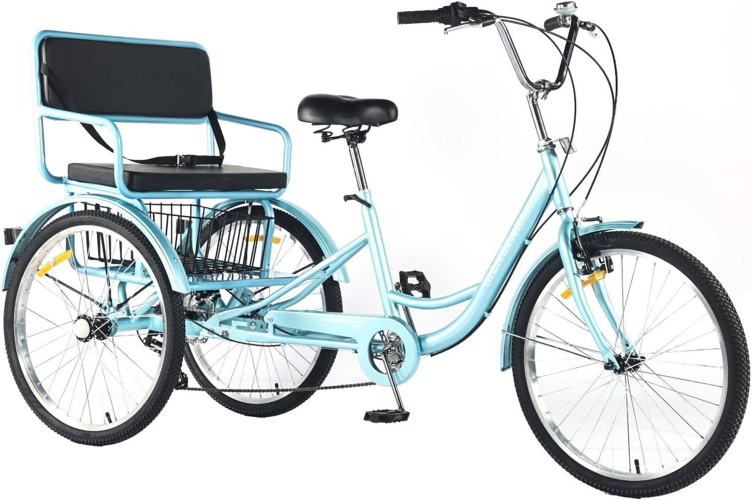 Adult Tricycle 7 Speed, 24 Inch 3 Wheel Bikes Extended Rear wheelbase Tricycle Wheel Bike w/Rear Basket for Women/Children Seniors Maximum Load 550lbs