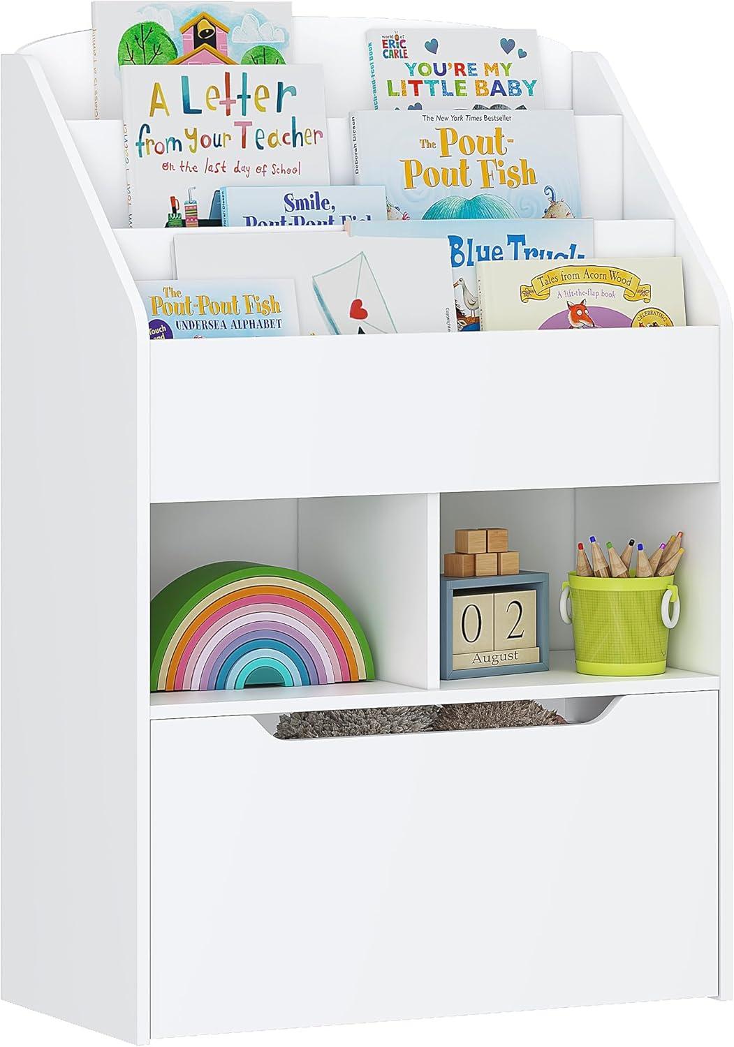 UTEX Kids Bookshelf Toy Organizer with Rolling Toy Box, White, 23.62” W x 11.8” D x 35.43” H