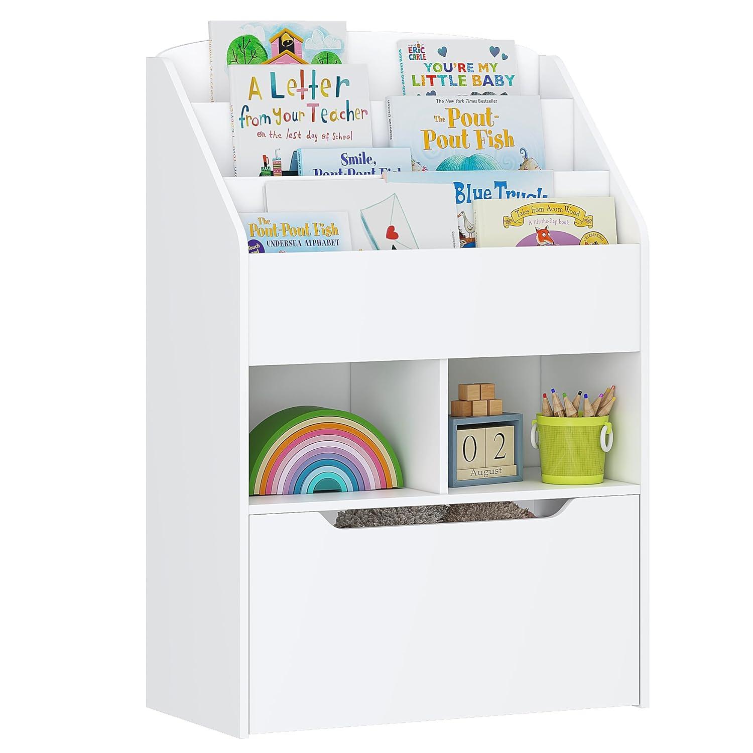 UTEX Kids Bookshelf Toy Organizer with Rolling Toy Box, White, 23.62” W x 11.8” D x 35.43” H