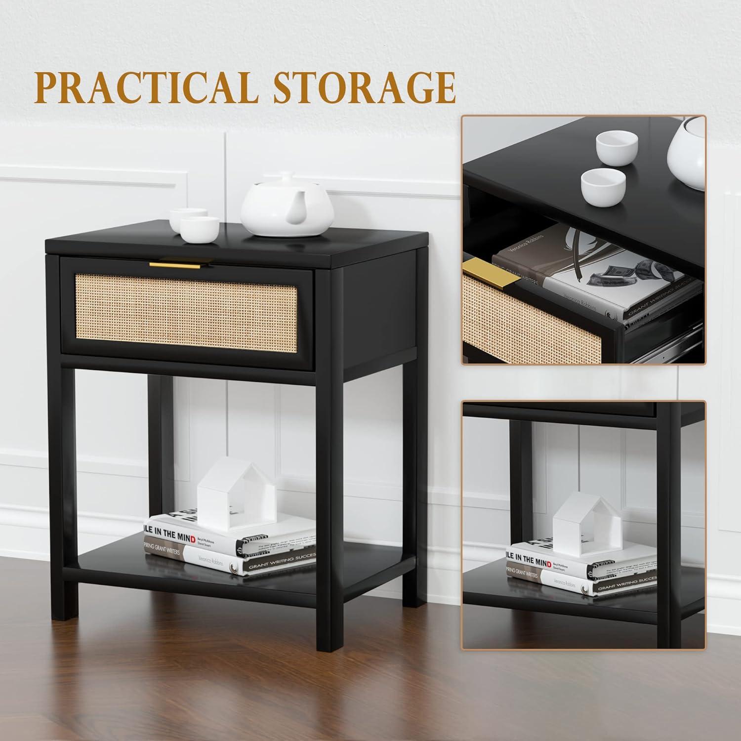 Eumyviv 24" H Wood Nightstand, Mid-Century Modern End Table with Storage Drawer, Rattan Bedside Table, Black Finished Sofa Side Table for Living Room Bedroom,H0020