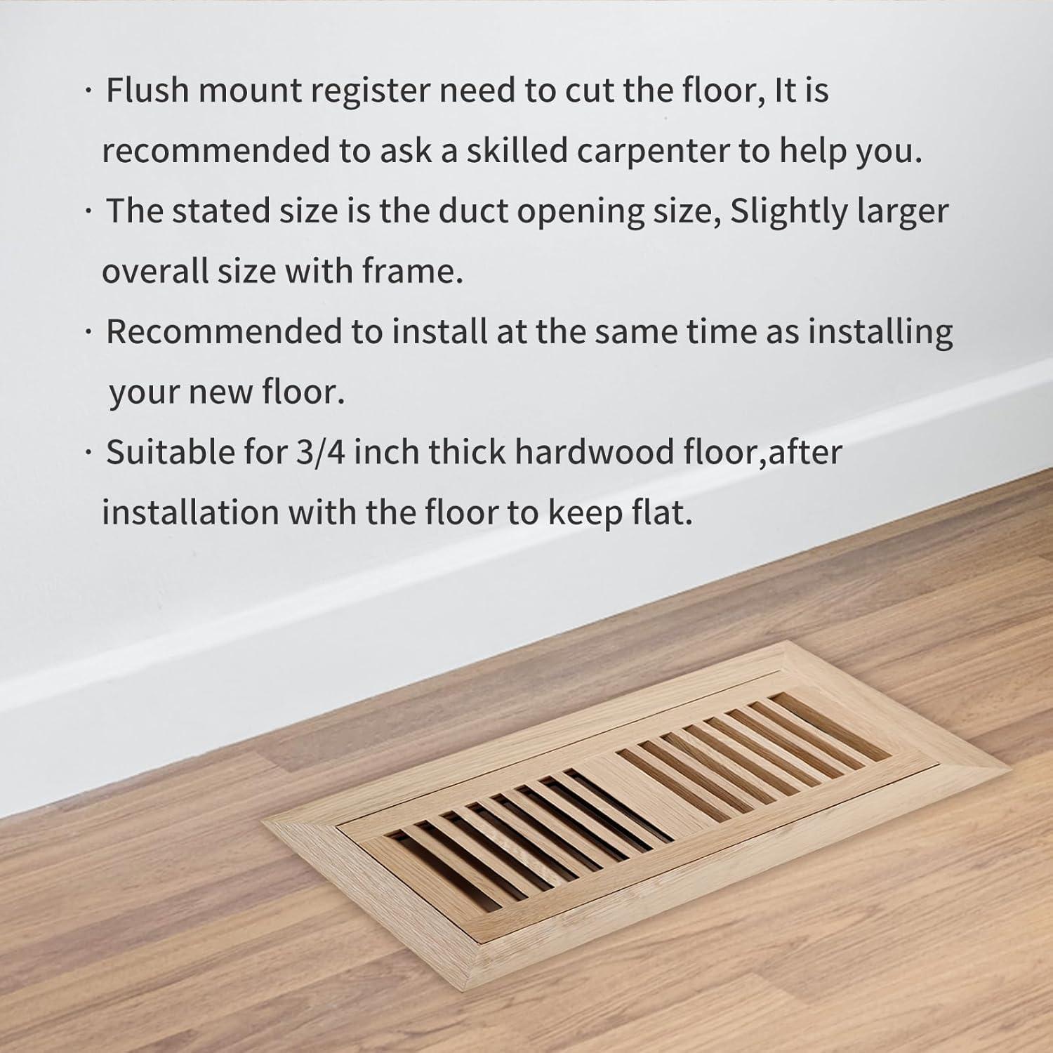 Hardwood White Oak Floor Register, Flush Mount with Frame, 4x10 Inch, Unfinished