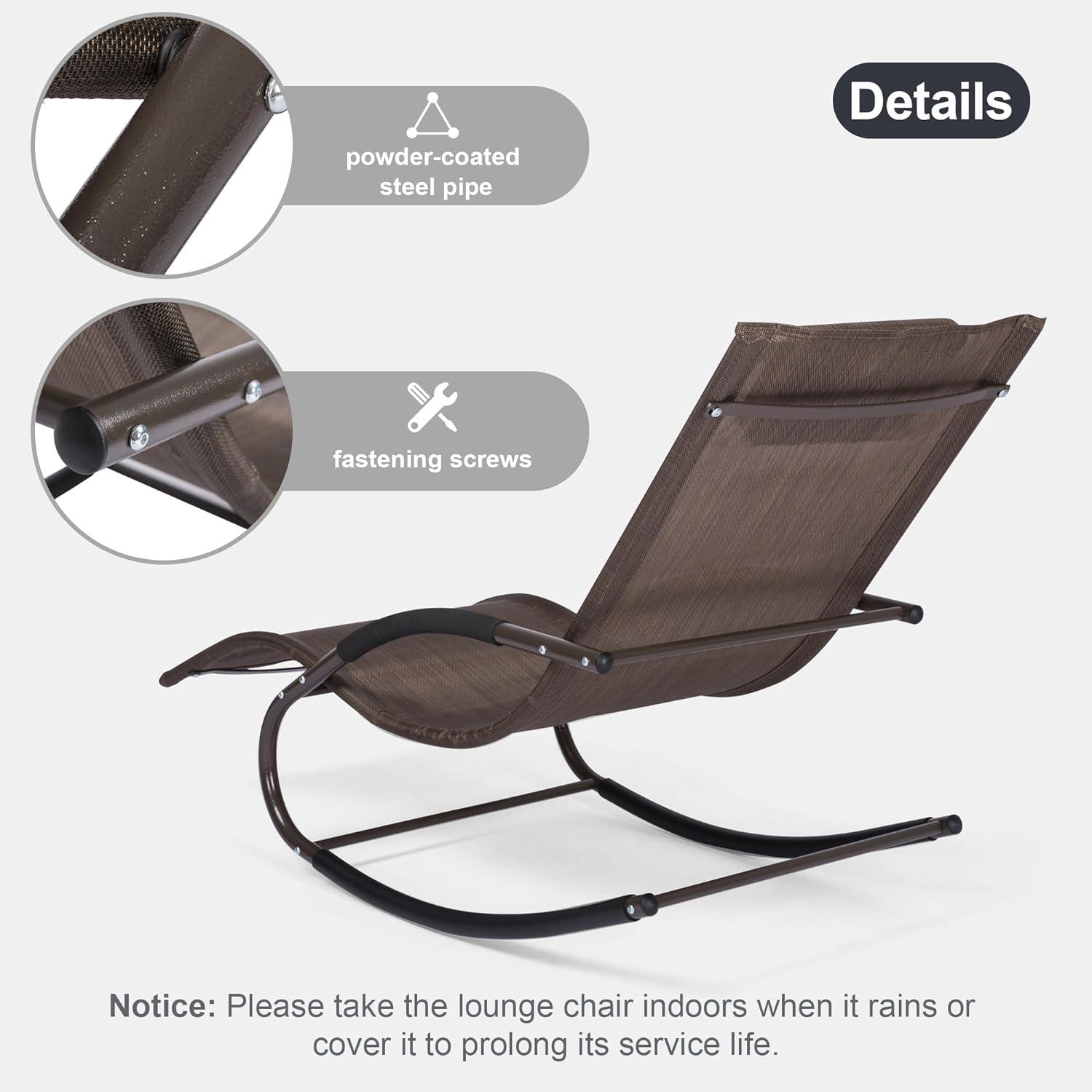 Brown Ergonomic Outdoor Rocking Chaise Lounge with Cushion