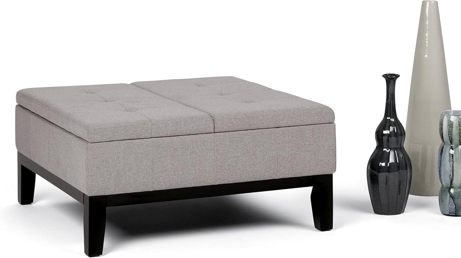 Simpli Home Dover 36"W Upholstered Square Coffee Table Storage Ottoman with Split Tufted Lift Top