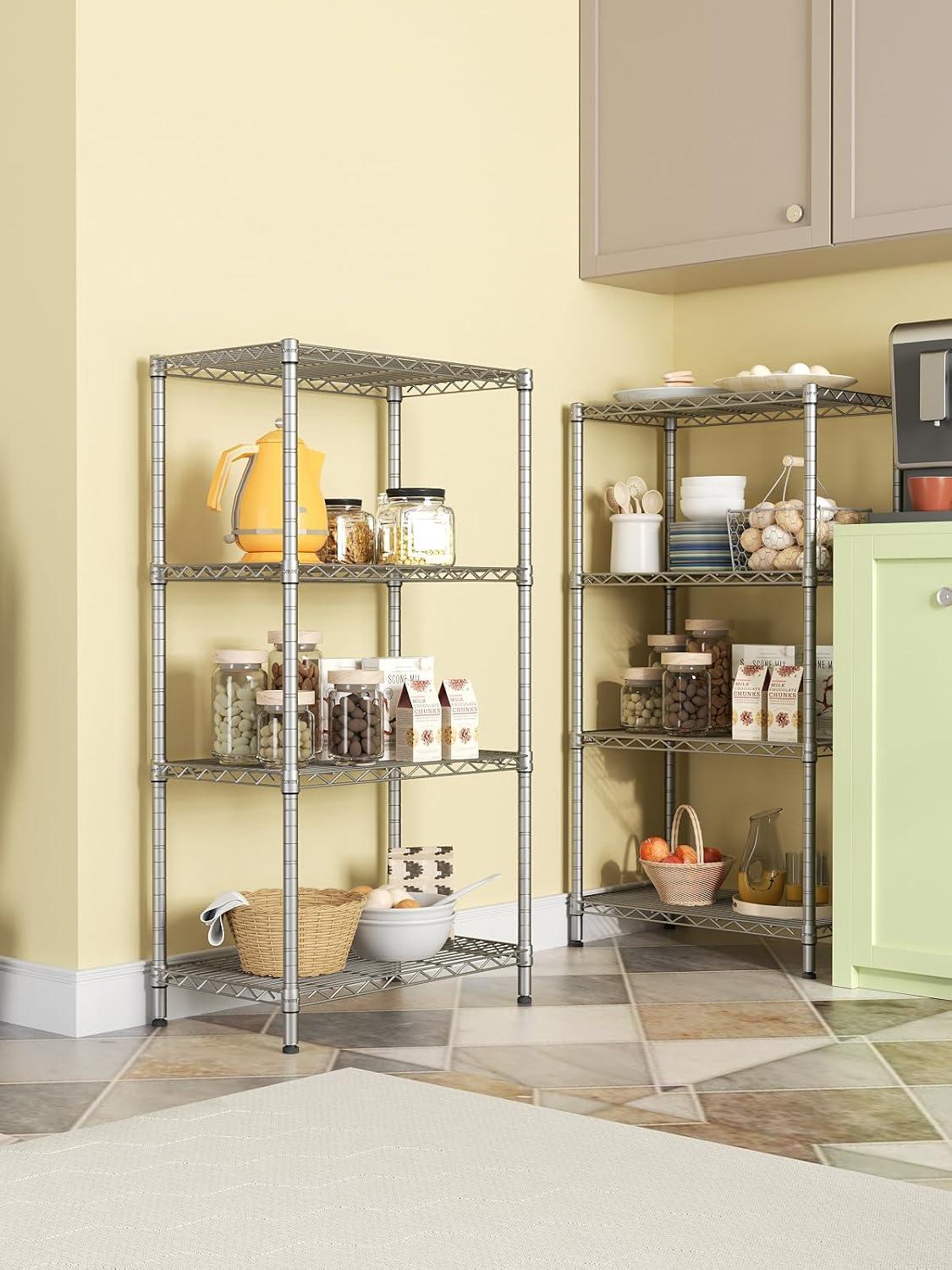 Silver Adjustable 4-Tier Wire Shelving Unit for Kitchen and Office