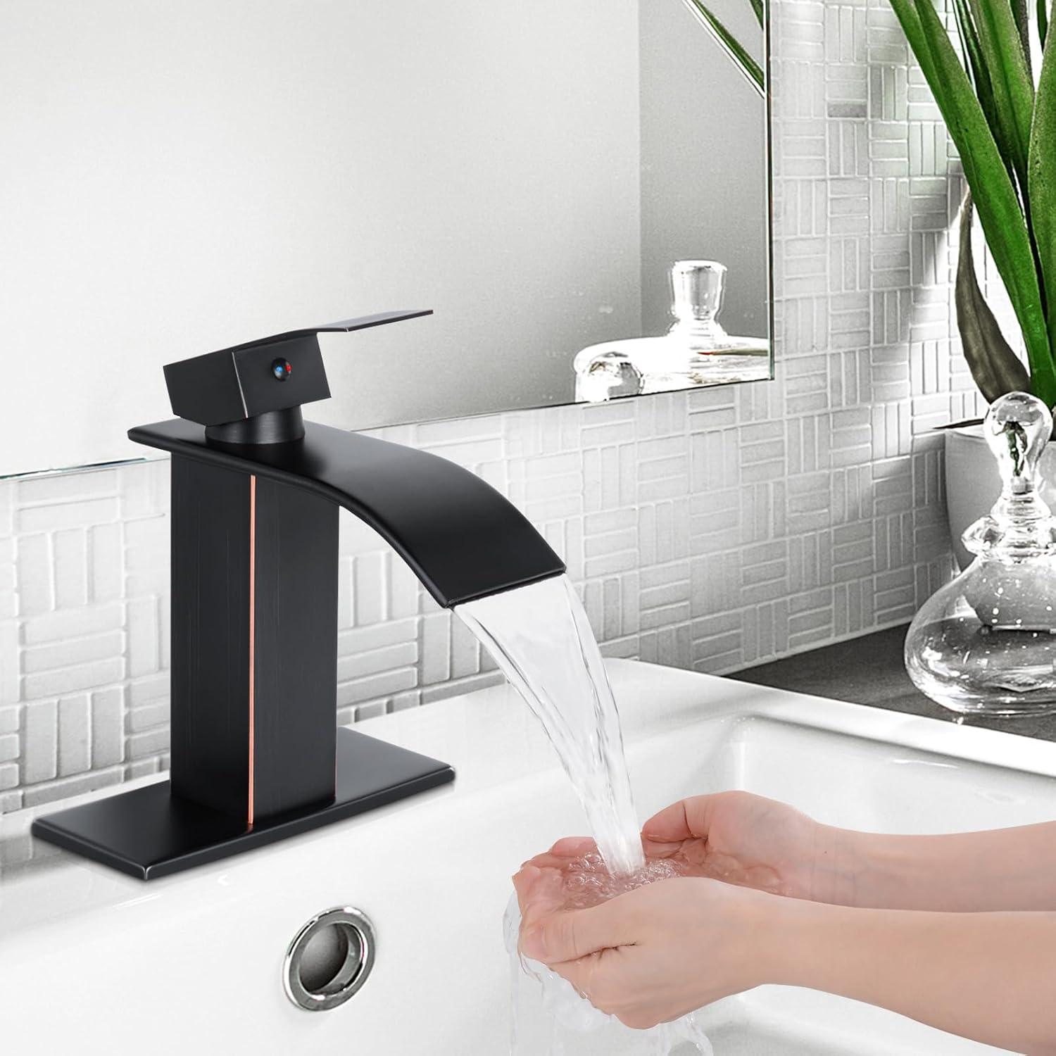 Oil Rubbed Bronze Waterfall Bathroom Faucet with Deckplate and Pop-Up Drain