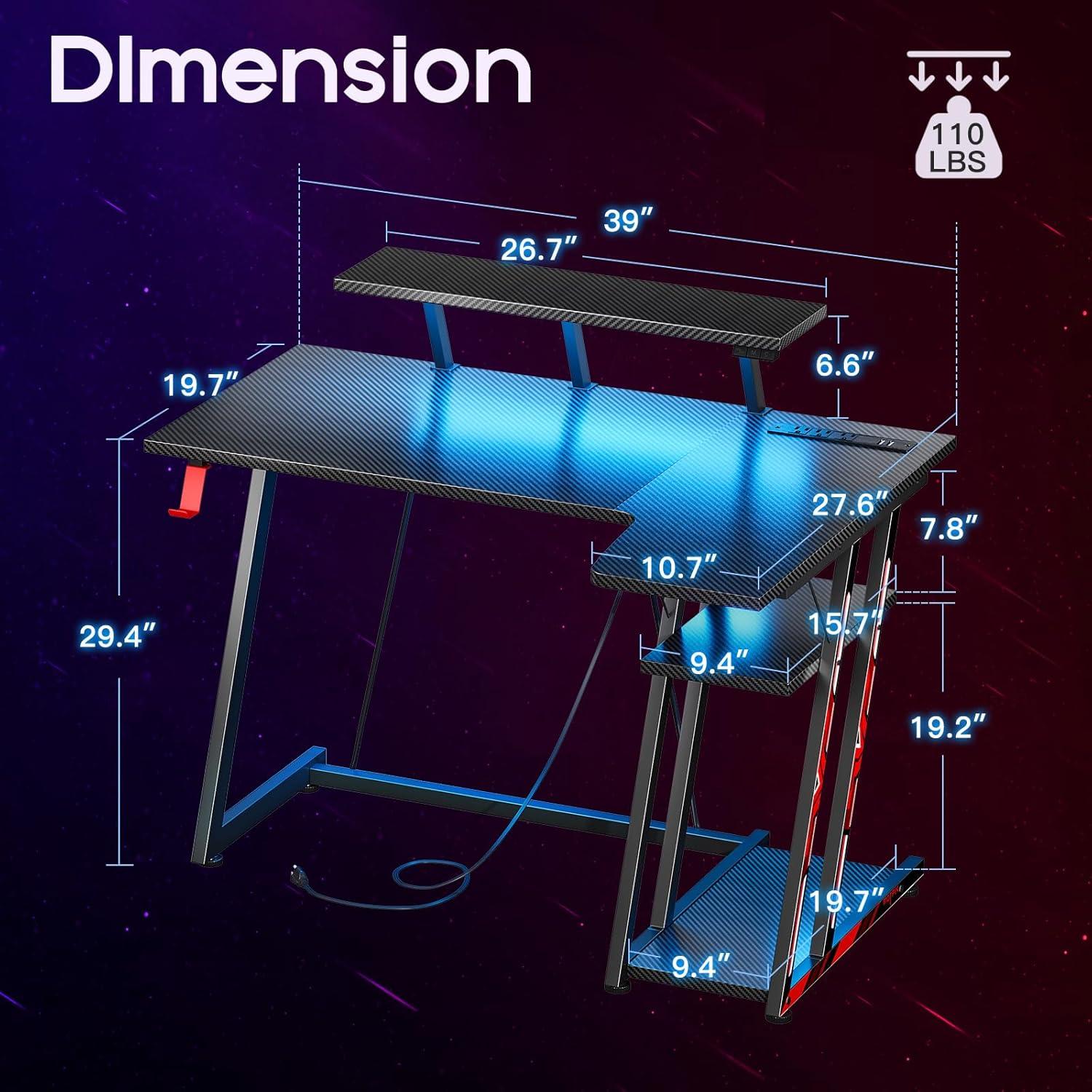 Black Carbon Fiber L-Shaped Gaming Desk with LED Lights and Storage