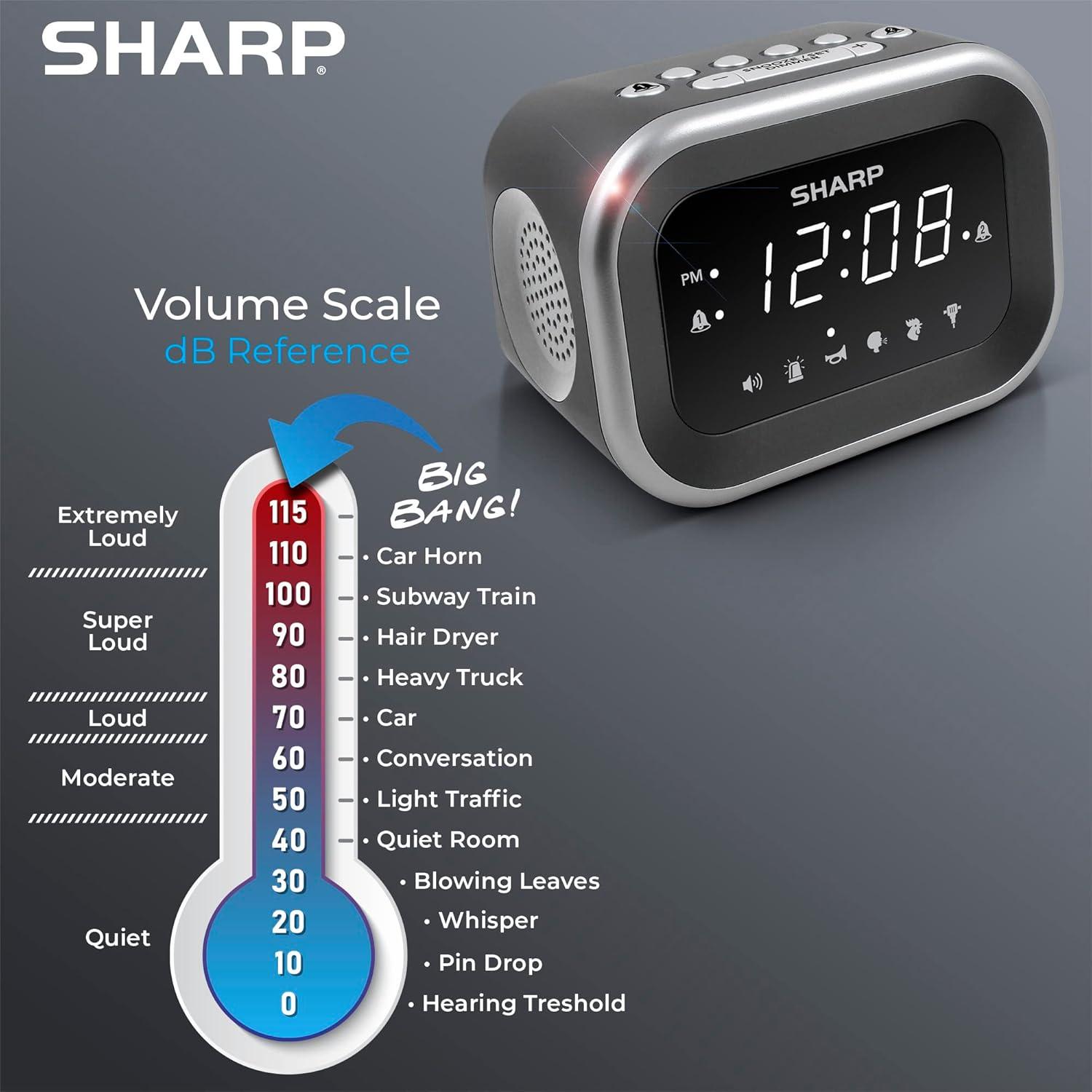 Sharp Super Loud Alarm Clock for Heavy Sleepers, 6 Extremely Loud Wake Up Sounds - up to 115db Volume