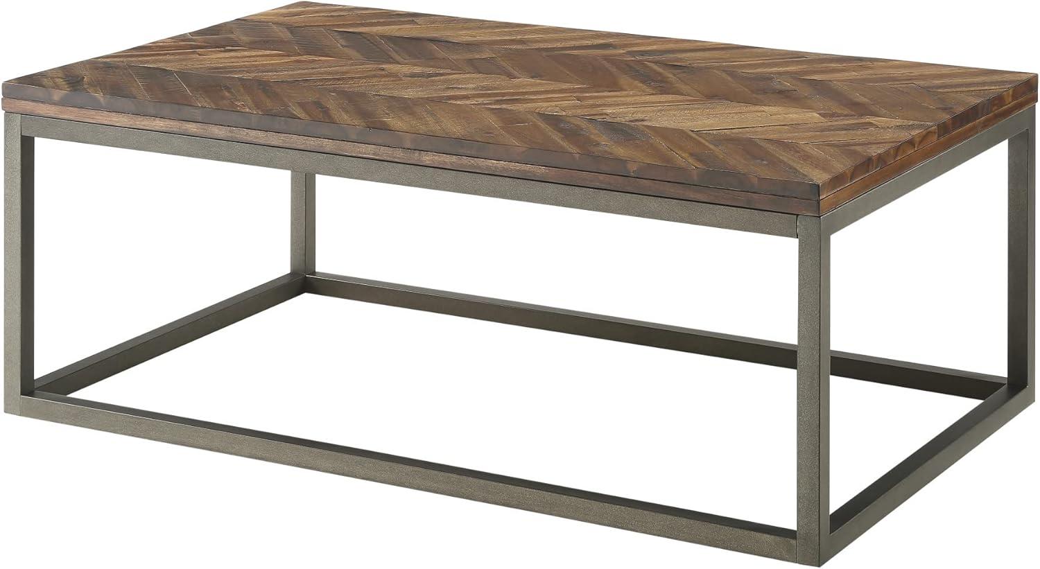 Lorenza Cocktail Metal Table Brown - Steve Silver Co.: Acacia Wood, Herringbone Pattern, Vintage Nickel Base