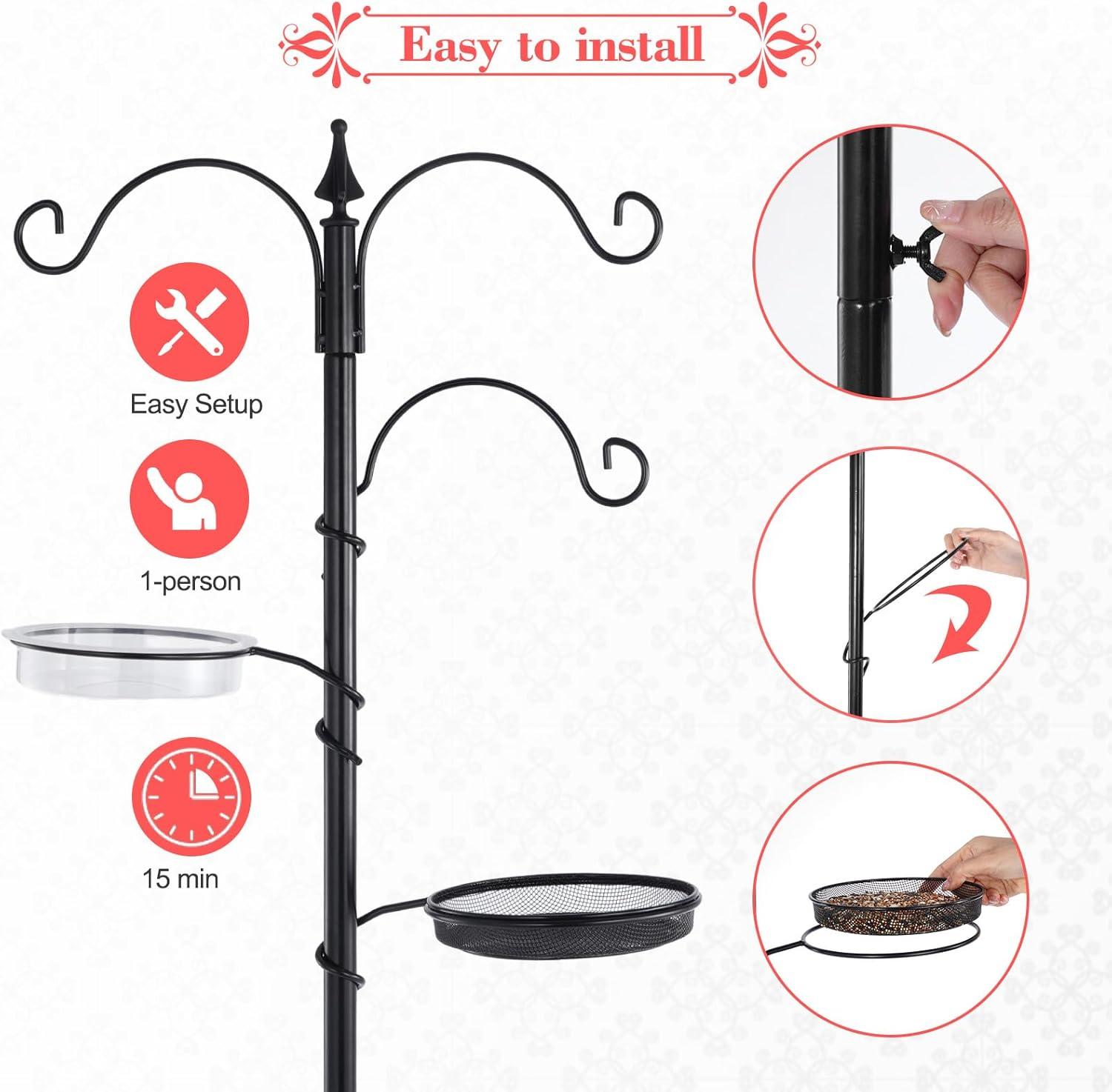 Bird Feeding Station Kit - 77" Bird Feeder Pole with 5 Prong Base, Wild Bird Feeder Stand for Outdoors Hanging Bird Feeders - Black